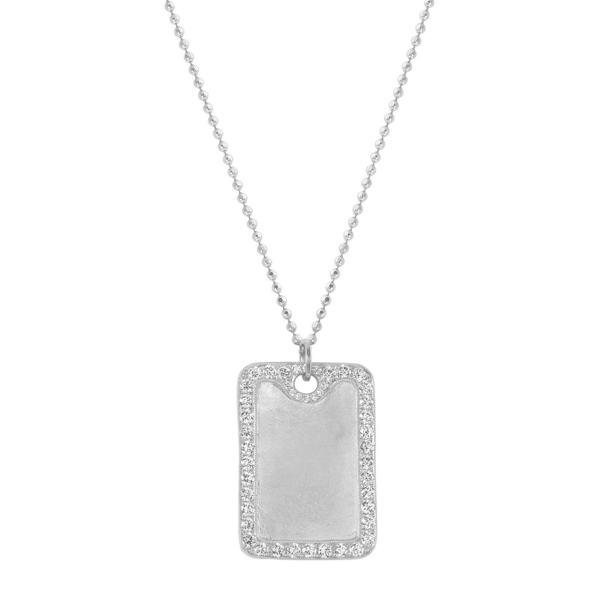 Large 14k white gold rectangular dog tag pendant featuring pave diamond halo satin finish interior perfect for engraving shown hanging from ball chain on white background