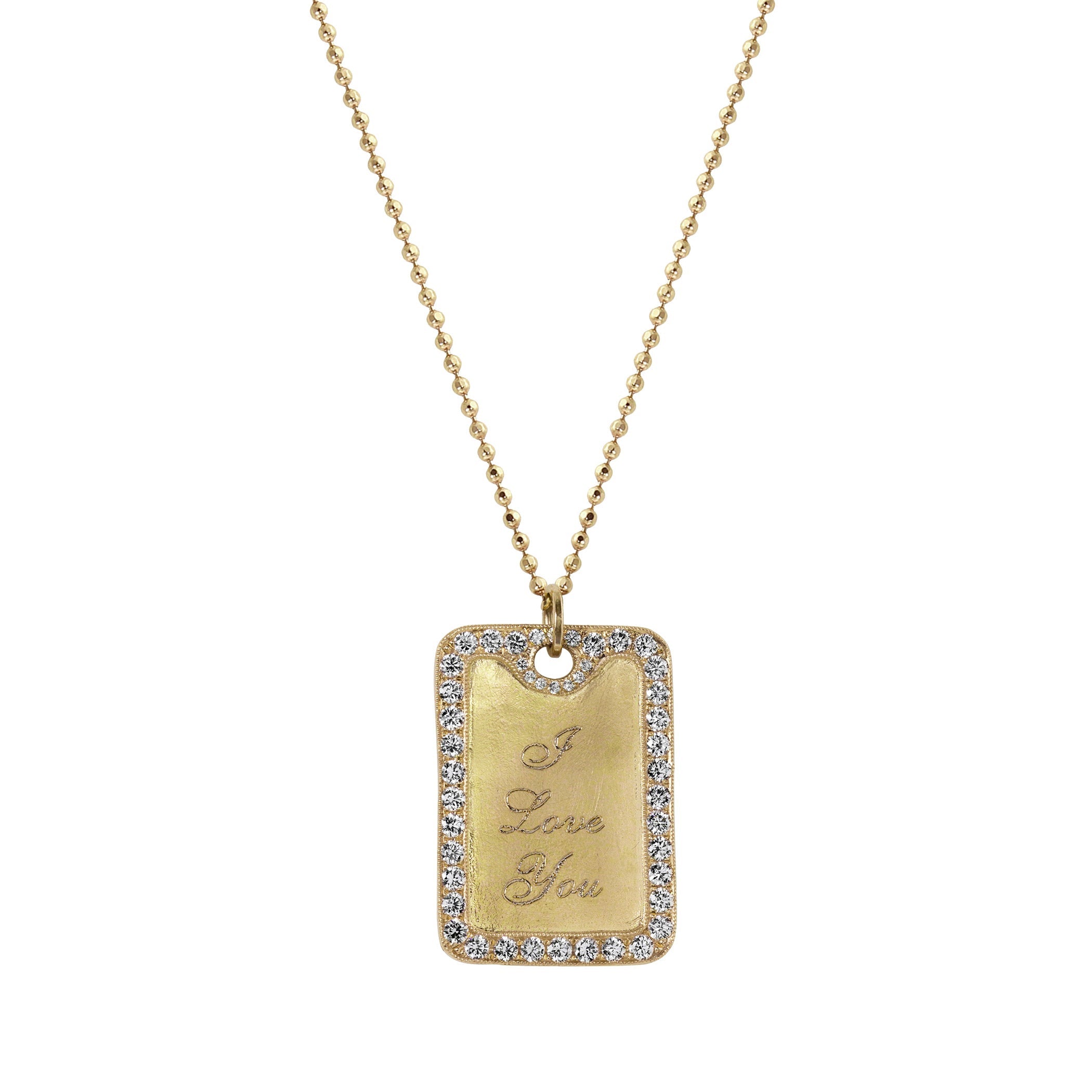 Large 14k yellow gold rectangular dog tag pendant featuring pave diamond halo satin finish interior shown with "I love you" engraving hanging from ball chain on white background