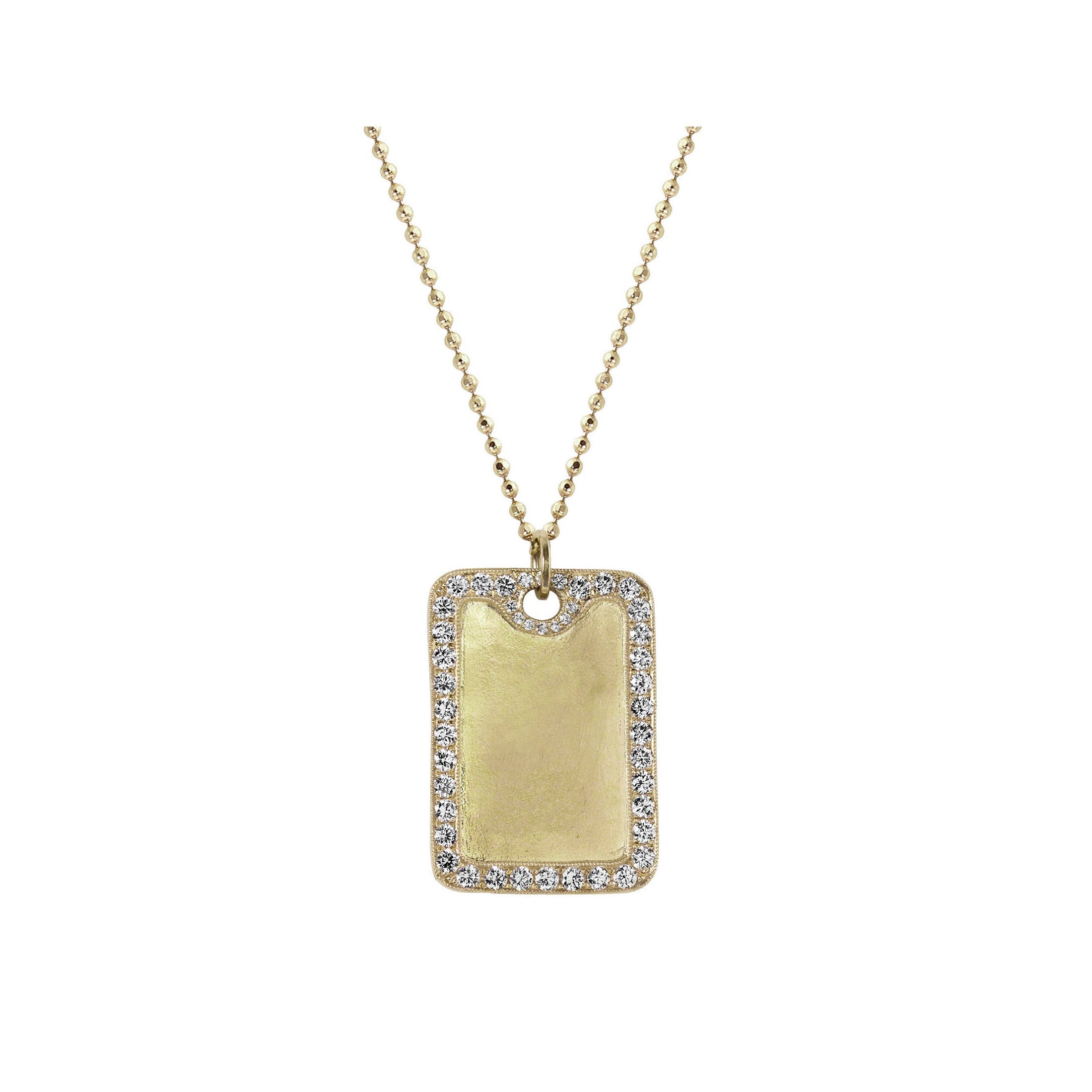 14k yellow gold rectangular dog tag pendant featuring pave diamond border satin finish interior shown on ball chain on white background