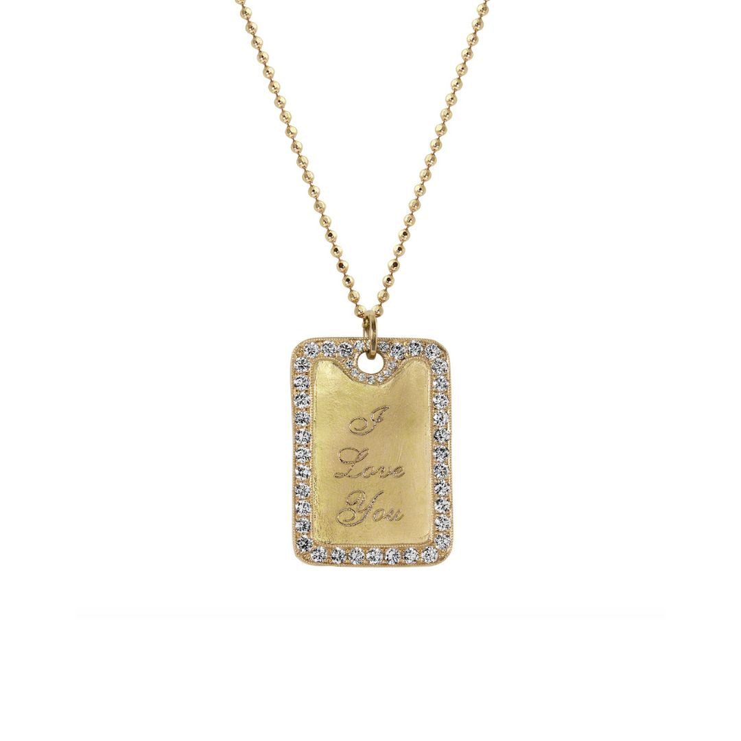 DIVA Large 14k Gold Diamond Border Dog Tag Pendant