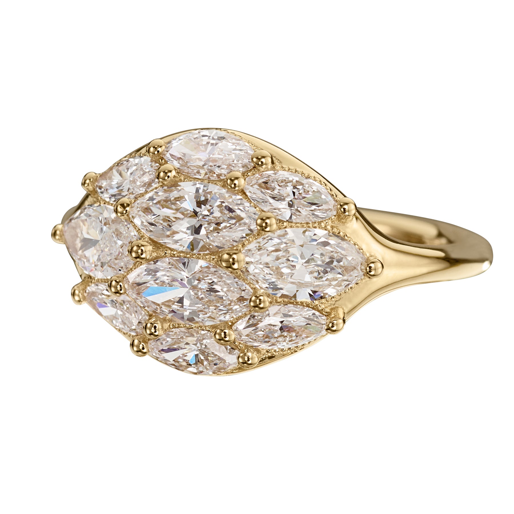 Gold ring with multiple diamonds on a white background