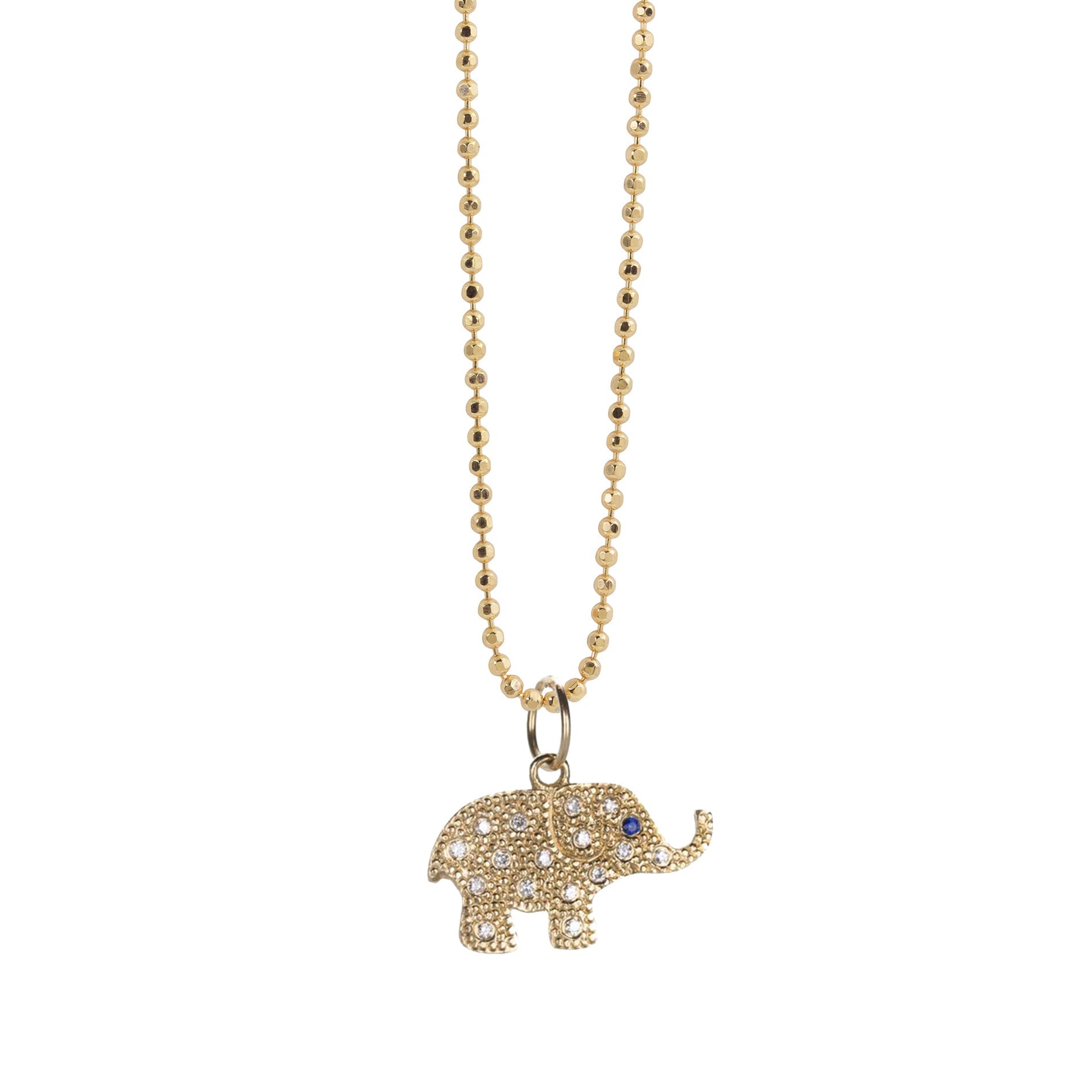 14k yellow gold elephant pendant with beaded textures and scattered gemstones on diamond cut ball chain on a white background