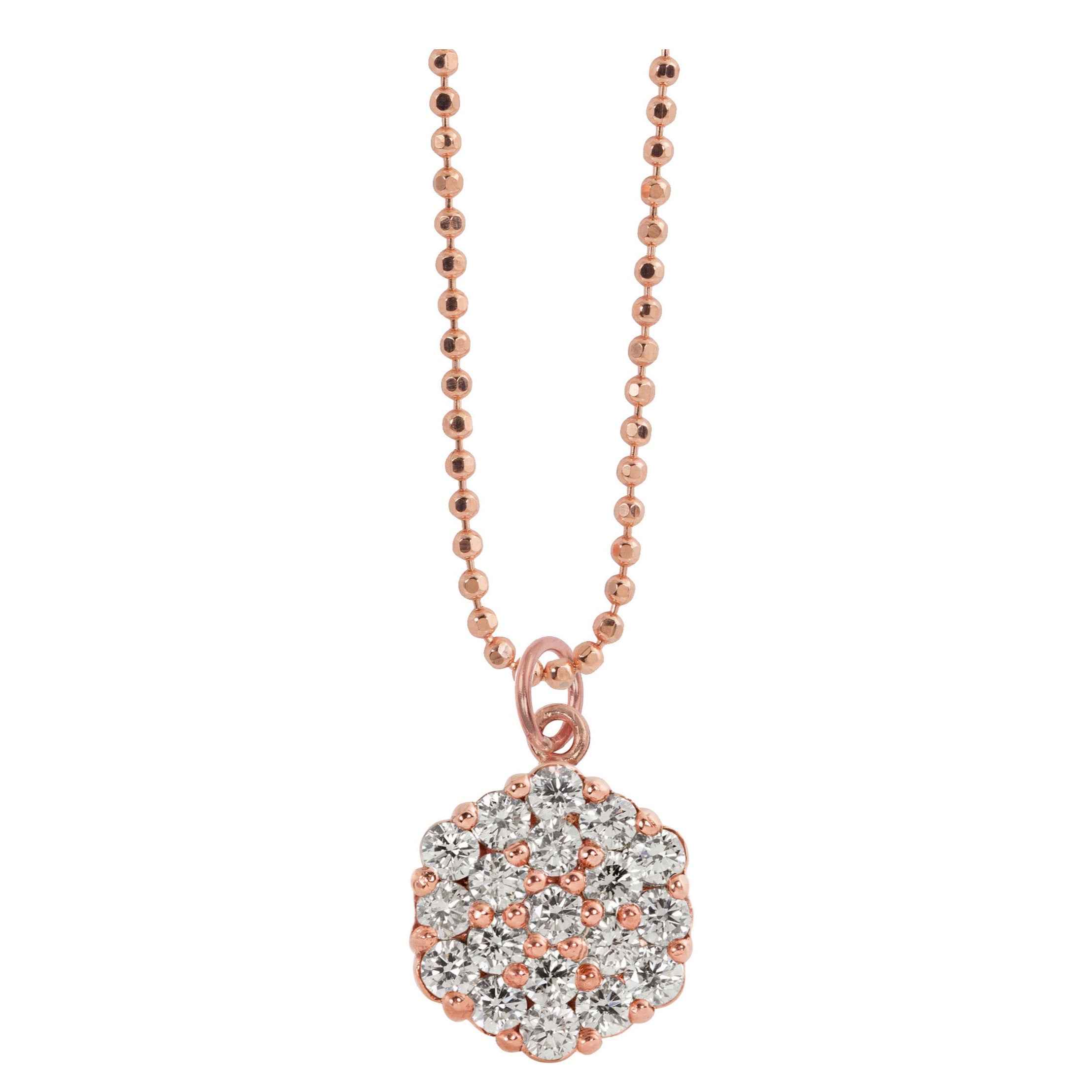 14k rose gold white diamond cluster pendant on a diamond cut ball chain on a white background