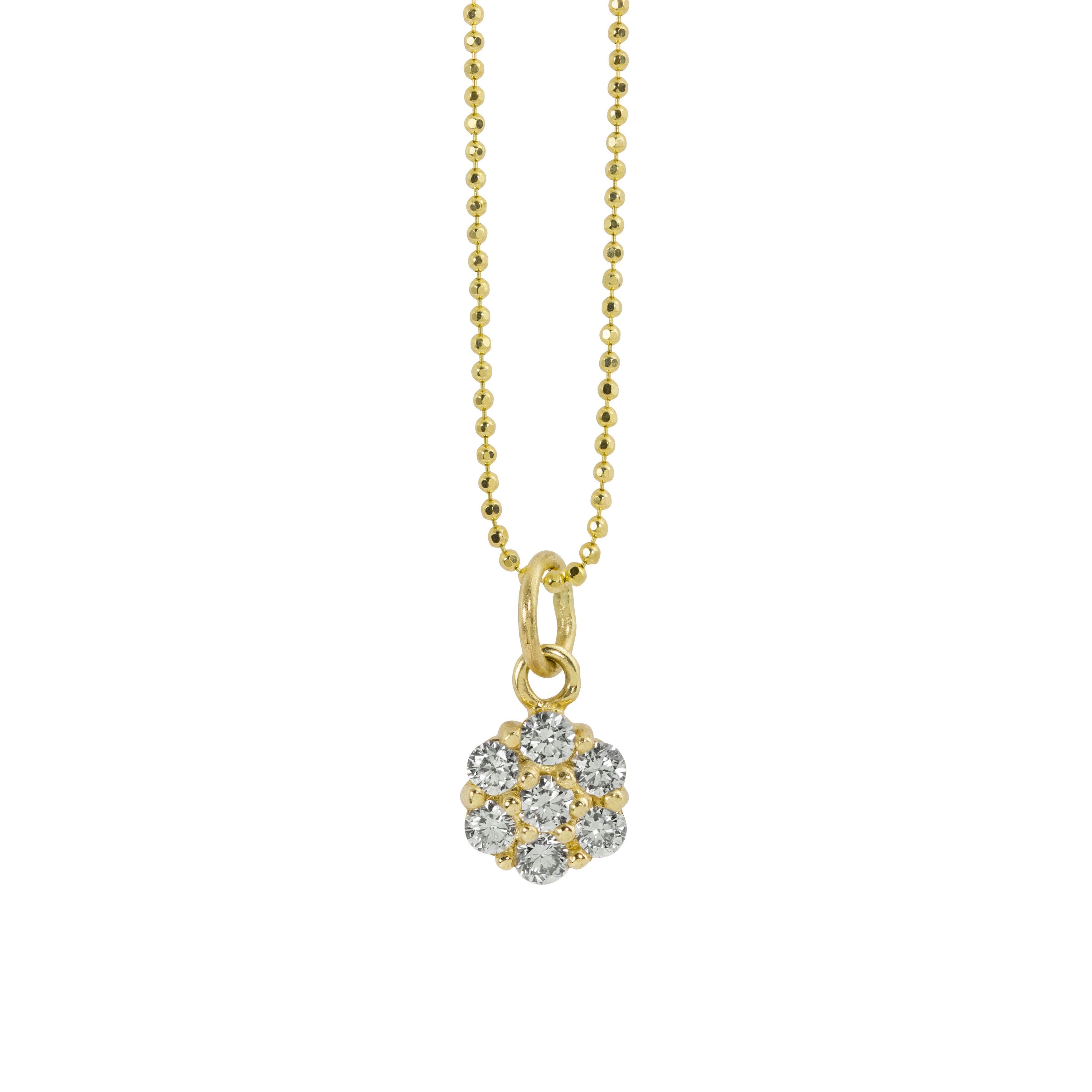 14k yellow gold white diamond cluster pendant on a diamond cut ball chain on a white background