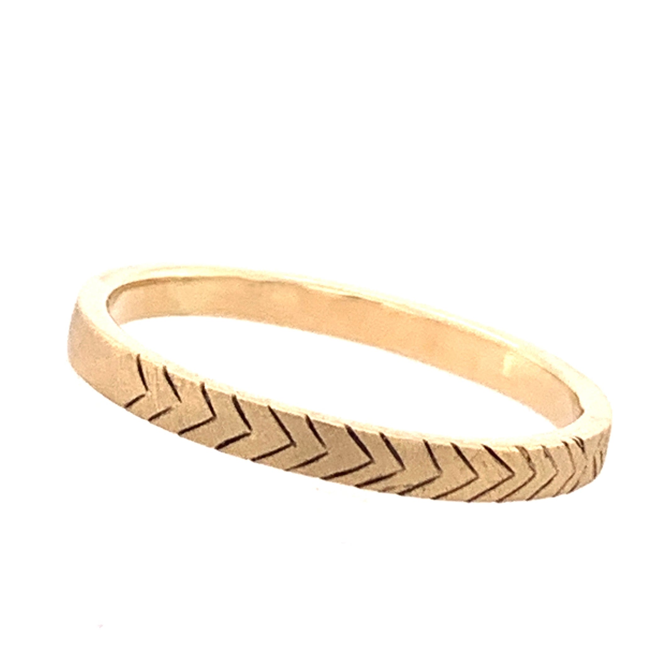 14k Yellow Gold Etched Satin Stacker Ring on White Background