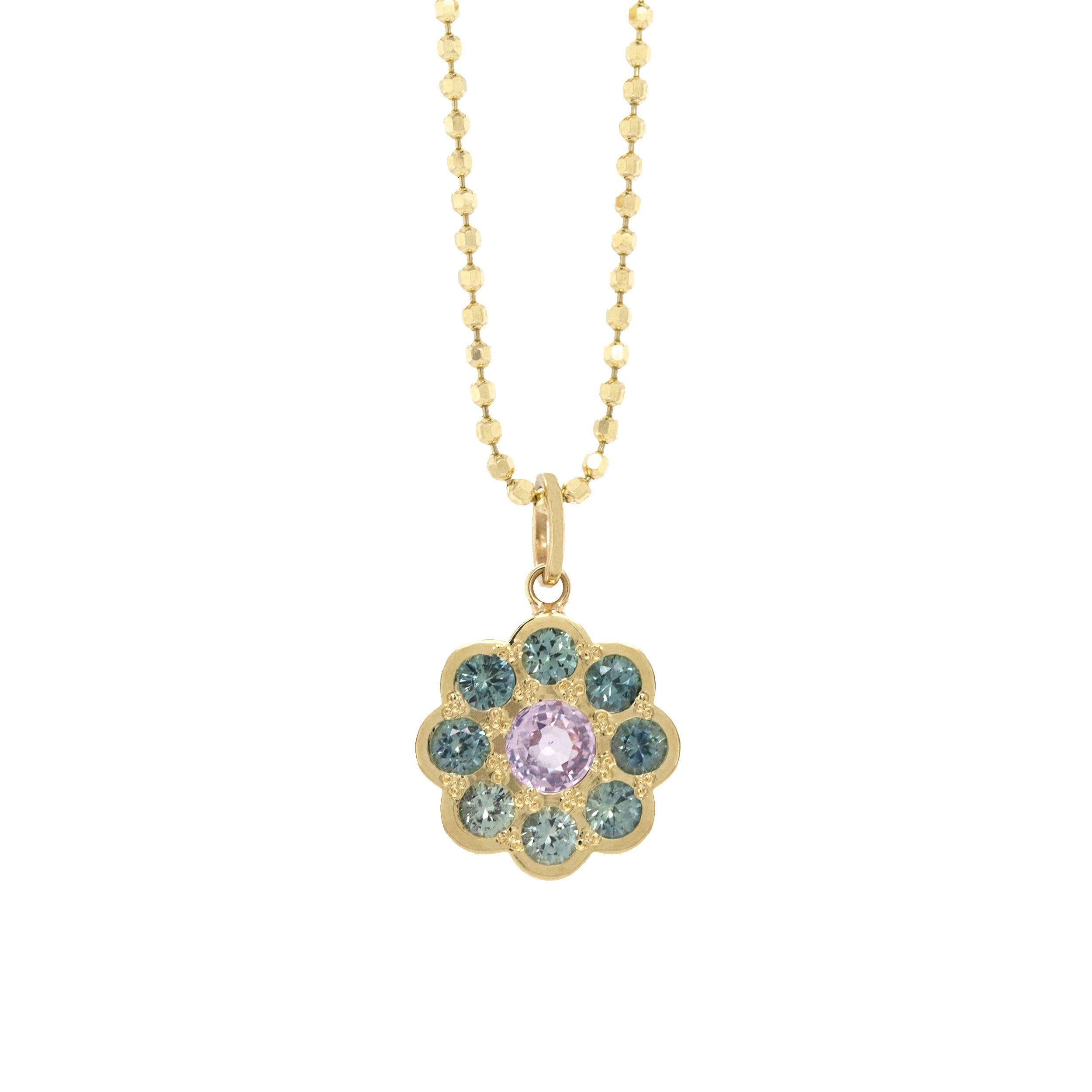 14k yellow gold floral pendant featuring multicolored gemstones on diamond cut ball chain on a white background