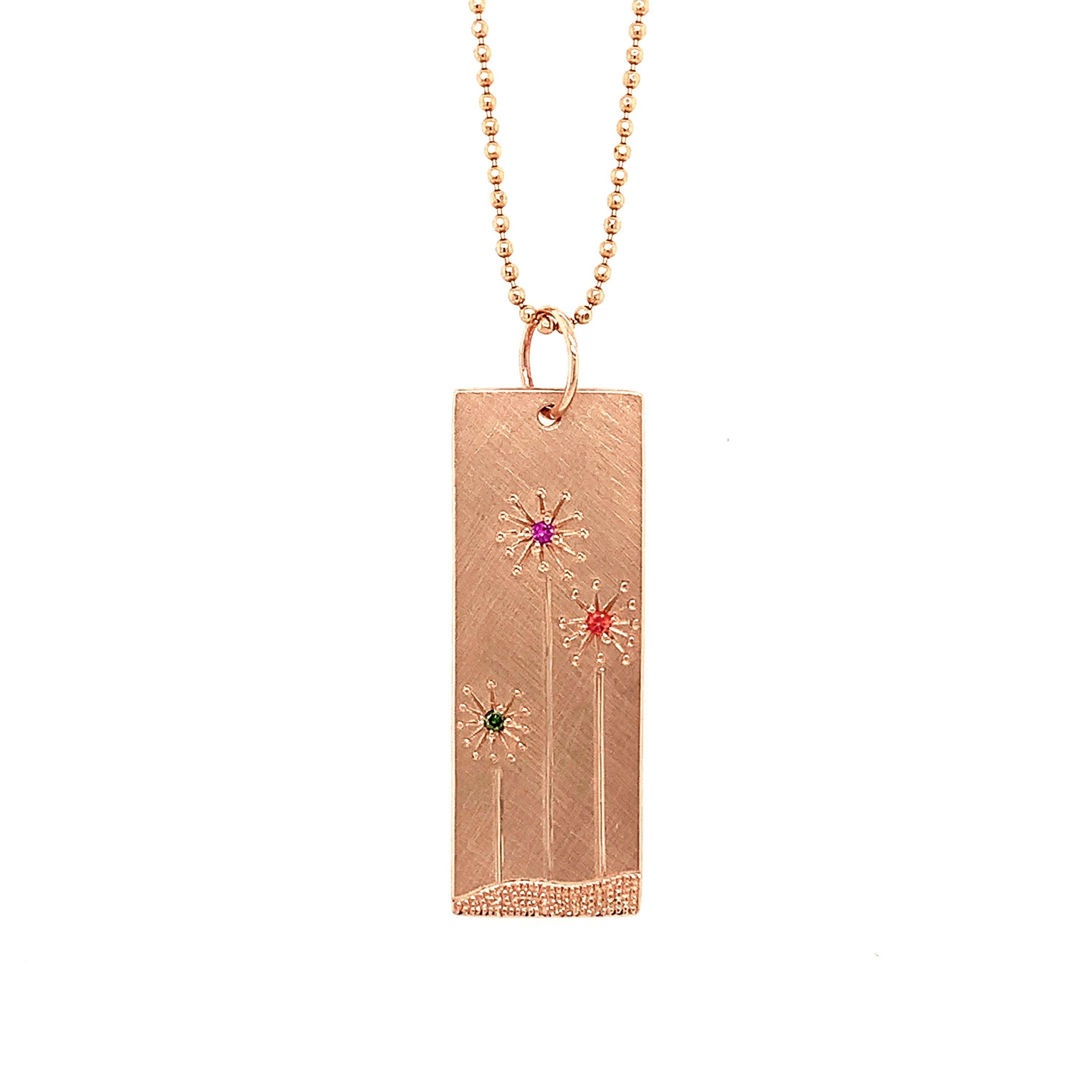 14k rose gold rectangular pendant with floral sapphire etching on diamond cut ball chain on a white background