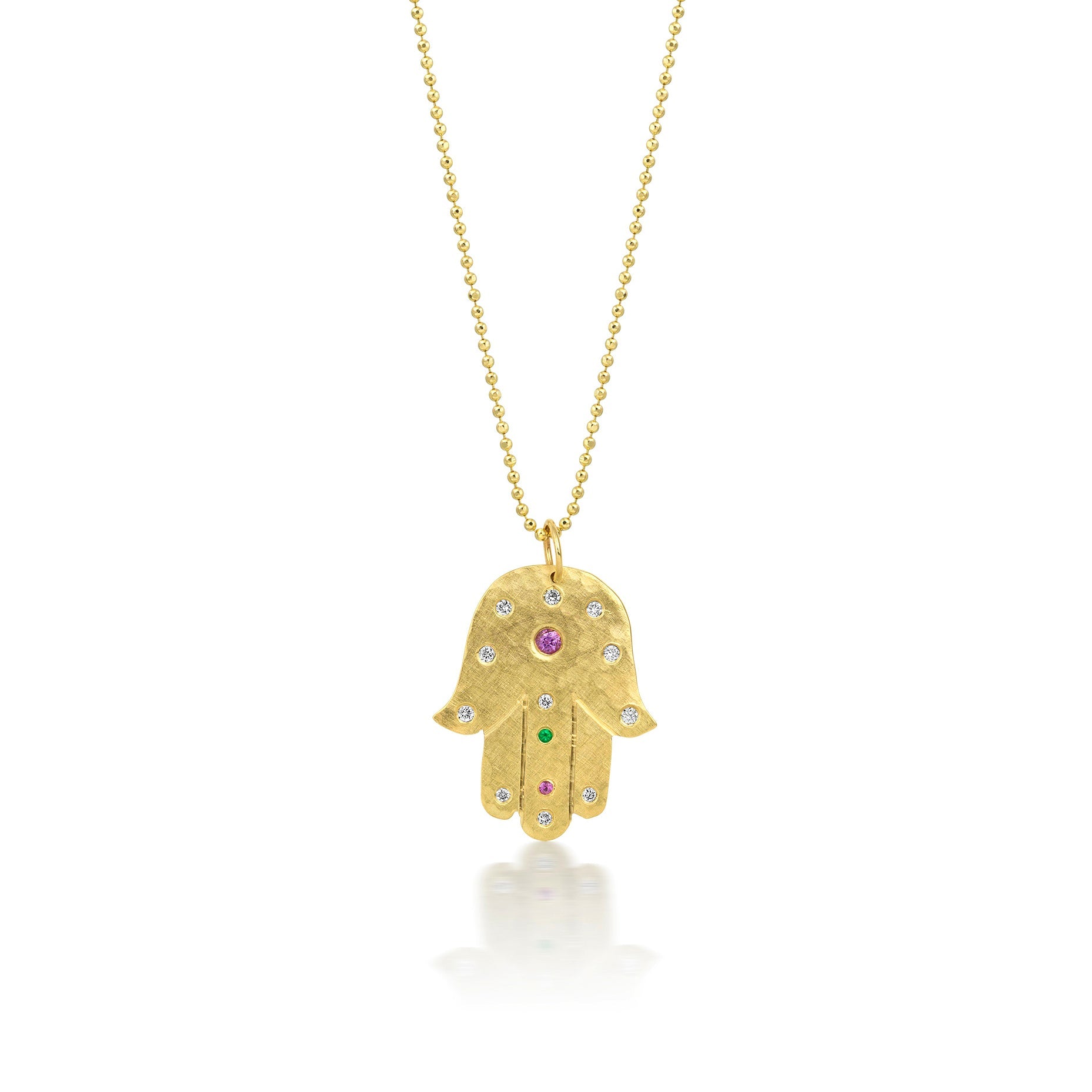14k yellow gold Hamsa hand pendant with embedded colored gemstones on a ball chain on a white background