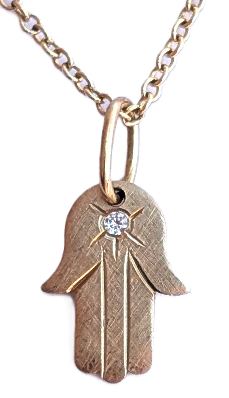 HAMSA Tiny 14K Gold Hand Pendant with Teal Diamond