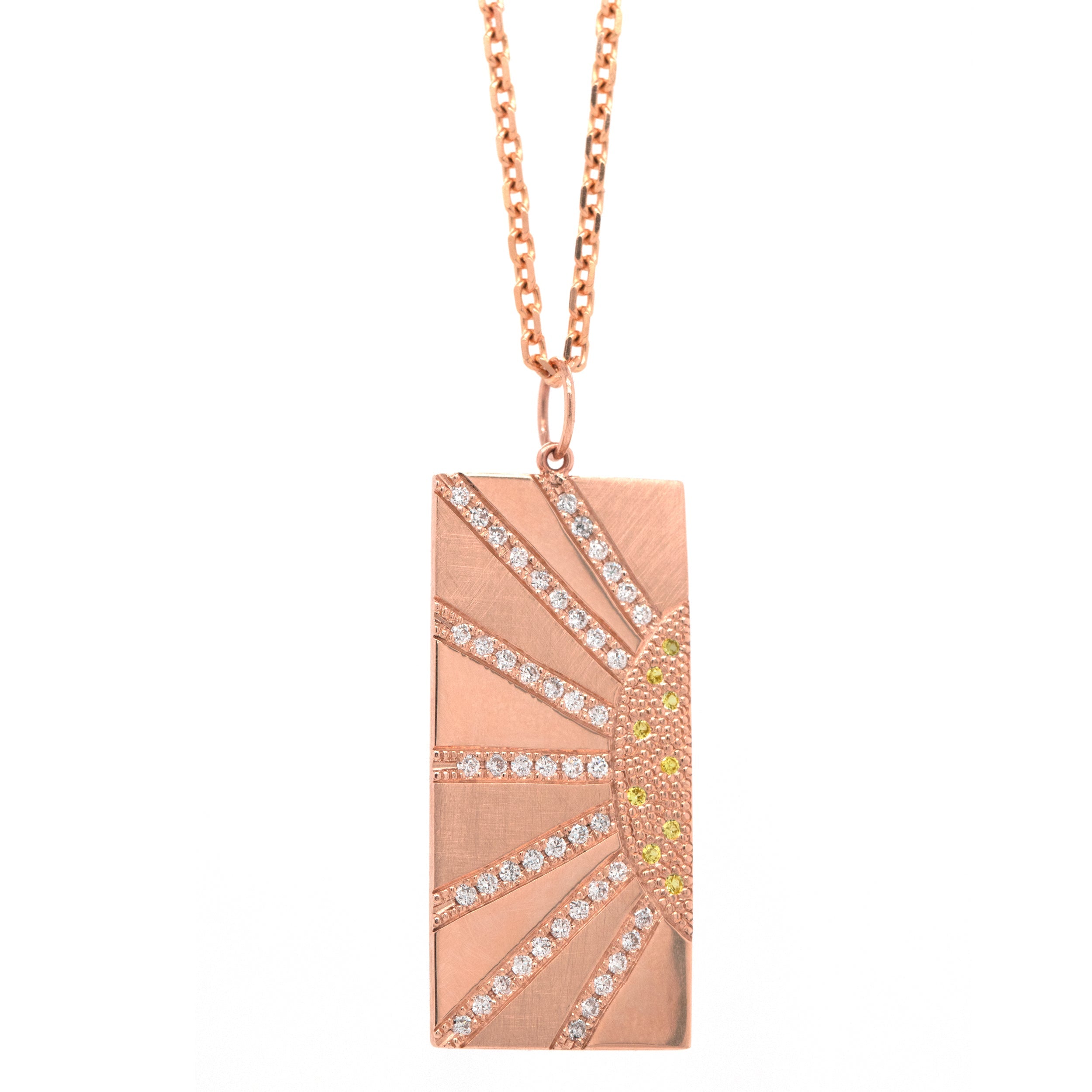 14k rose gold rectangular sunray pendant with white and yellow diamond accents on a diamond cut rolo chain on a white background