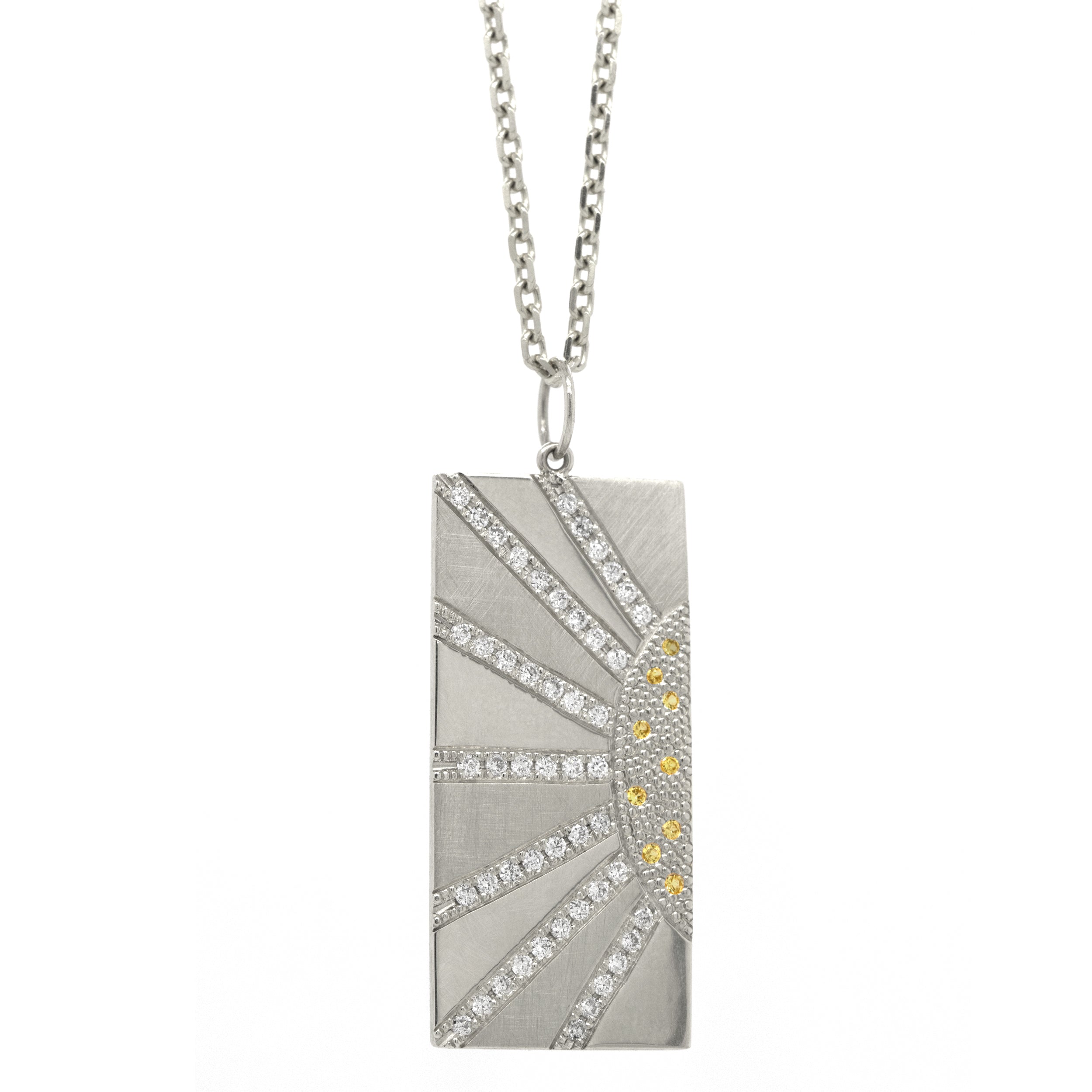 14k white gold rectangular sunray pendant with white and yellow diamond accents on a diamond cut rolo chain on a white background