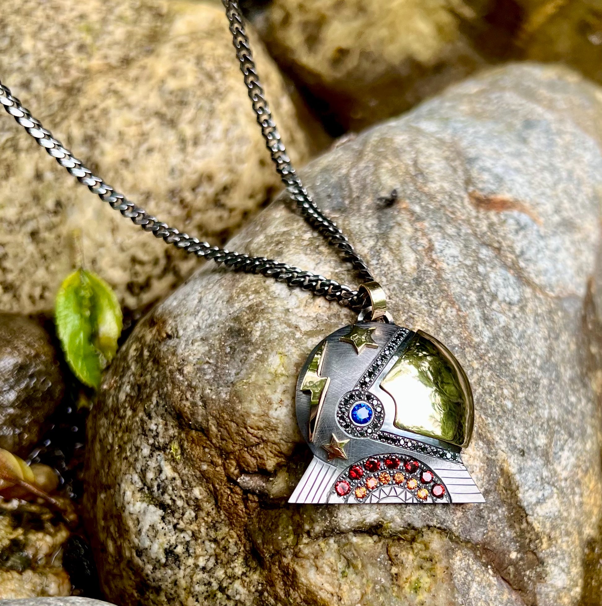 MAJOR TOM EXTRA LARGE Blackened Sterling Silver Astronaut Pendant with Diamonds & Sapphires