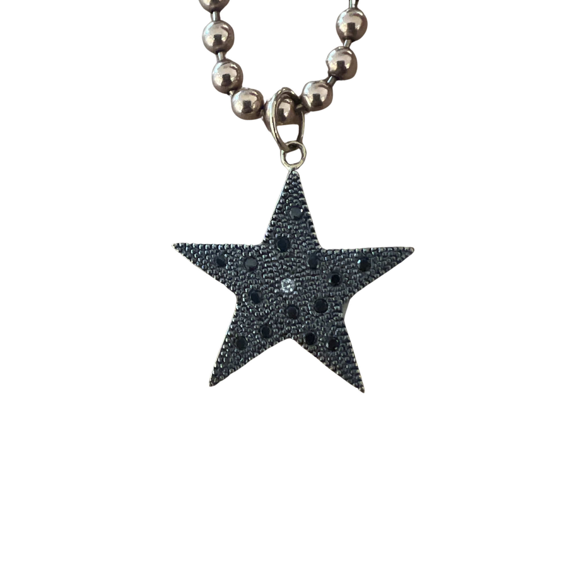 AUDI Small 14k Gold Star Pendant with Beaded Texture and Black Diamonds