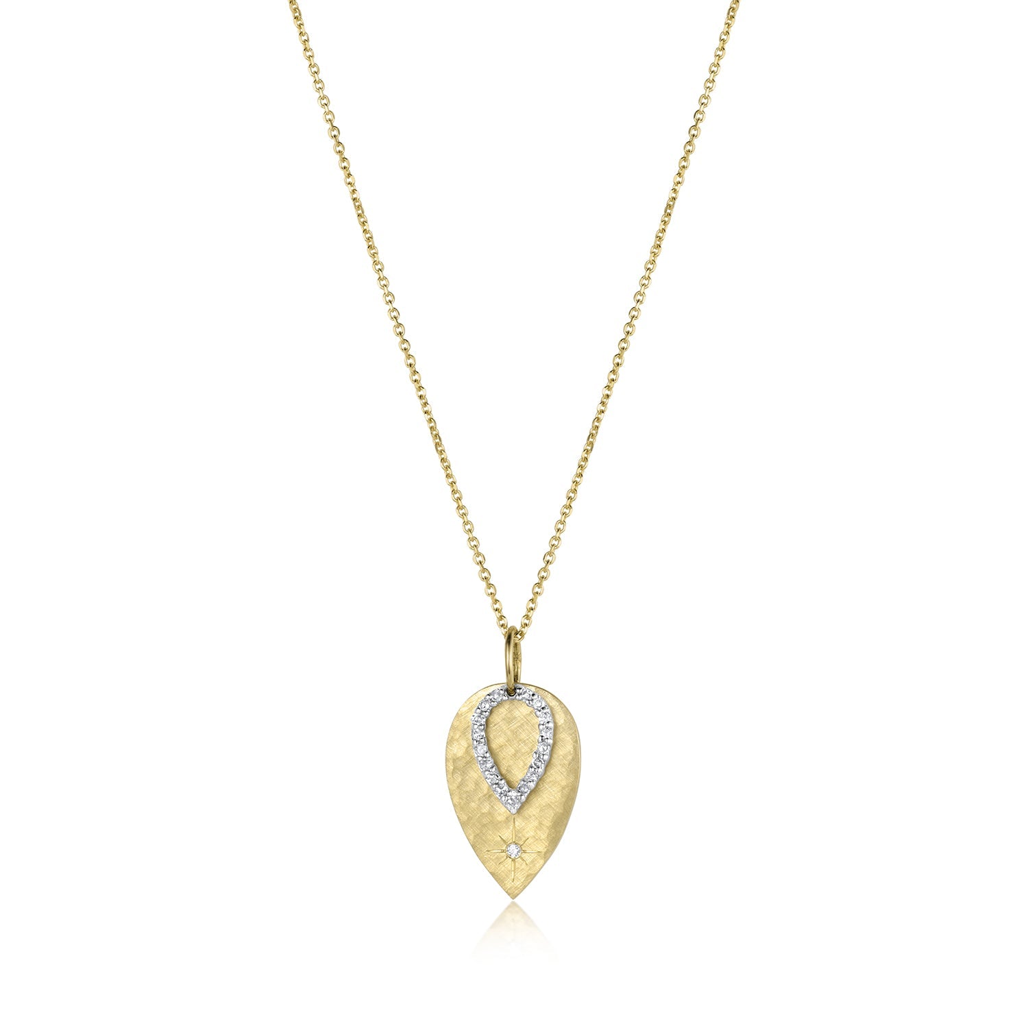 14k yellow gold hammered teardrop pendant with white diamond teardrop overlay and white diamond sunburst on a rolo chain with a white background