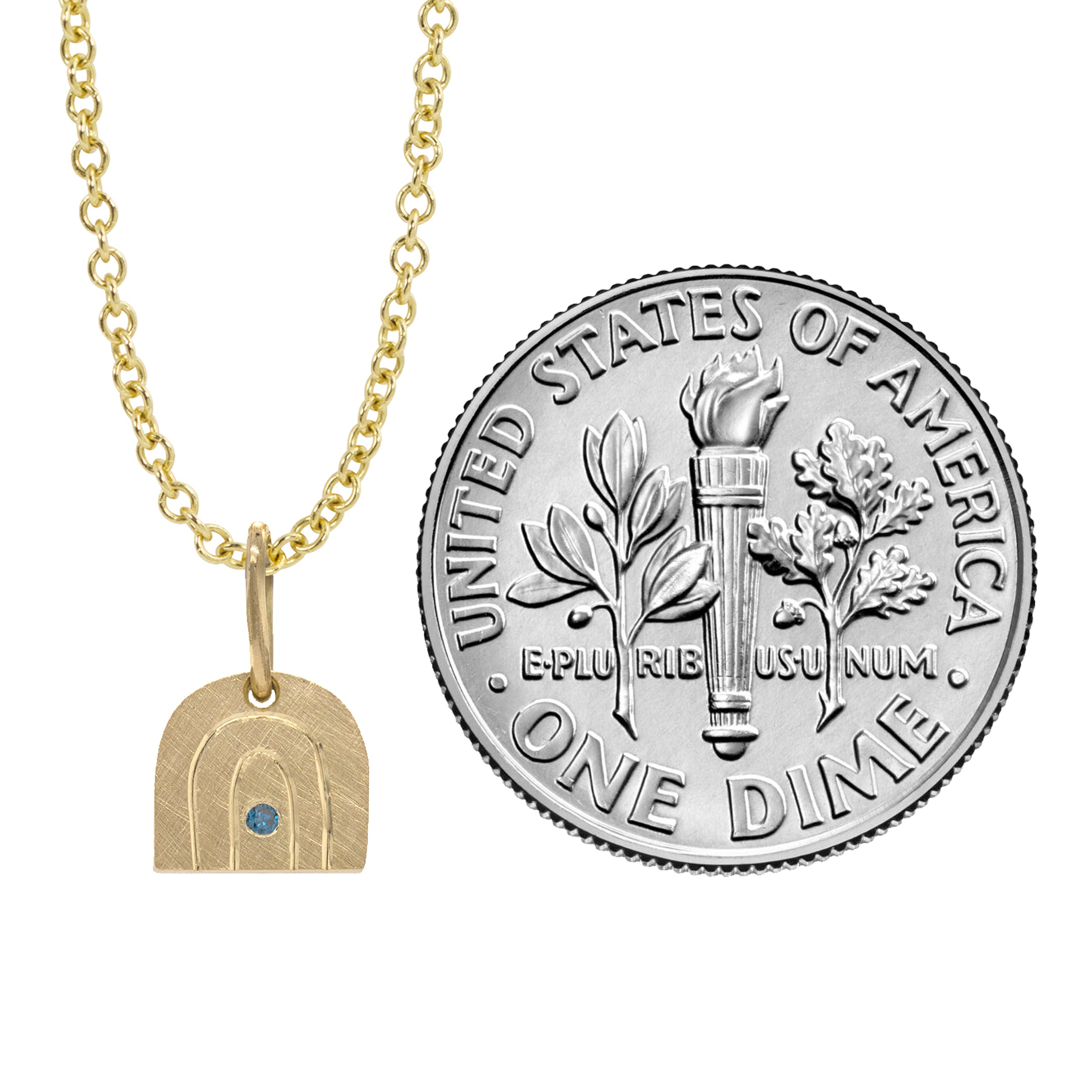 14k yellow gold rainbow pendant with a colored gemstone in the center on a rolo chain with a size indicator beside it on a white background