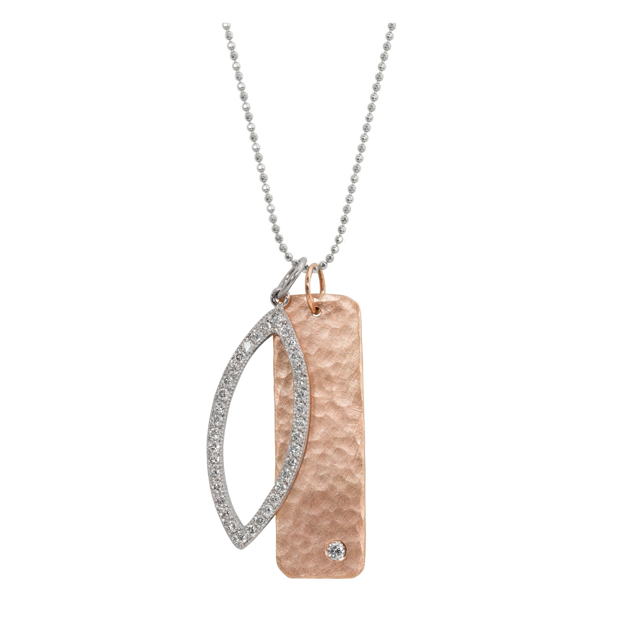 14k white gold marquis diamond charm stacked with rose gold rectangular niki bar featuring hammered finish and offset white diamond on diamond cut ball chain on white background