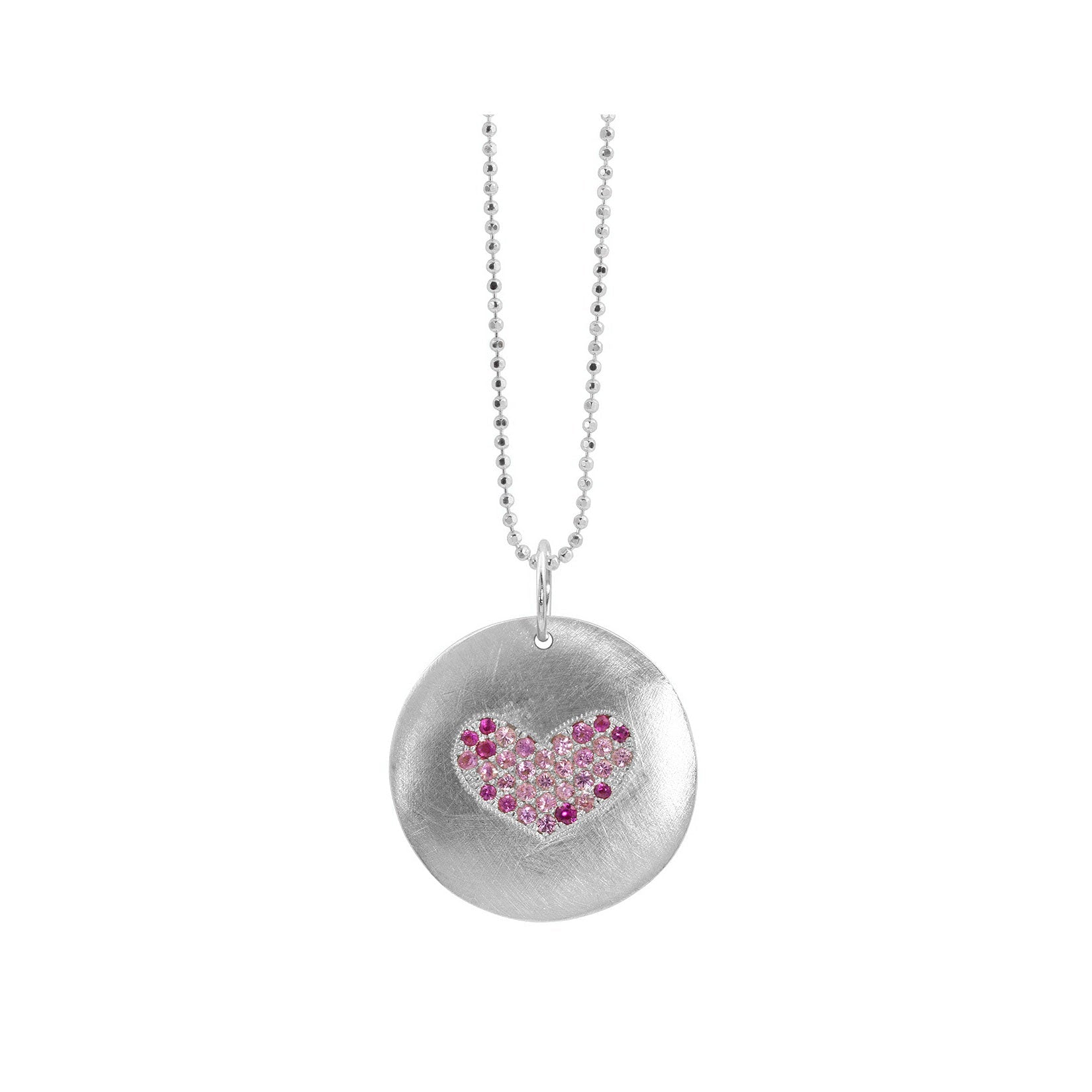 14k white gold pendant with heart-shaped paved set pink sapphires on diamond cut ball chain on white background