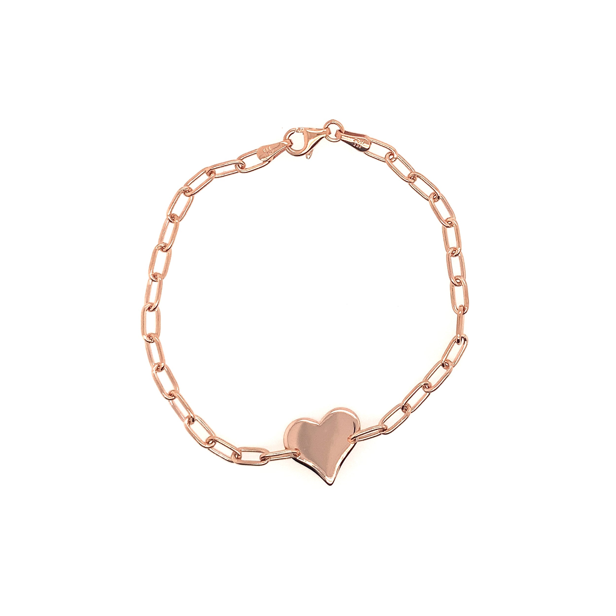 14k rose gold heart bracelet with paperclip link chain on white background