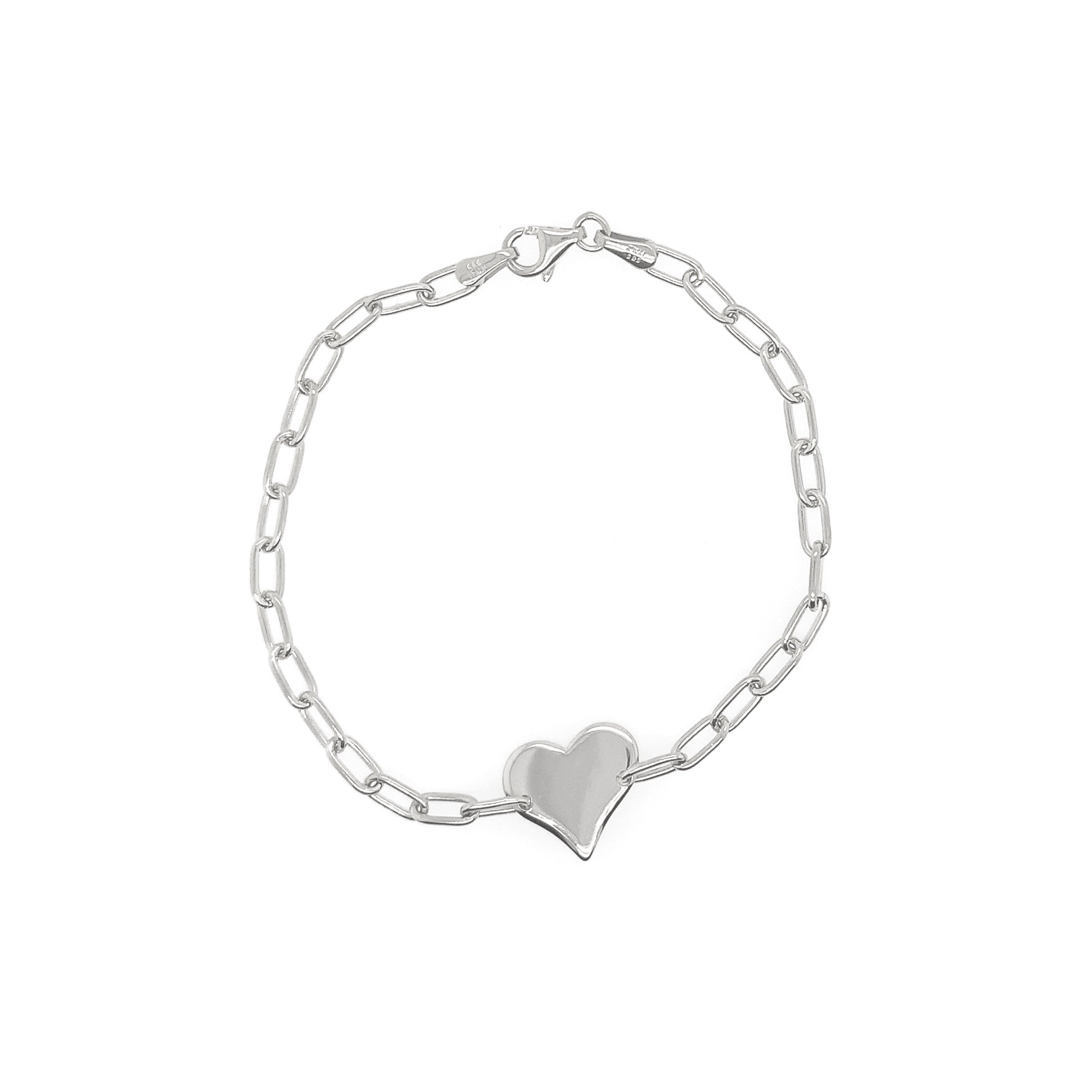 14k white gold heart bracelet with paperclip link chain on white background