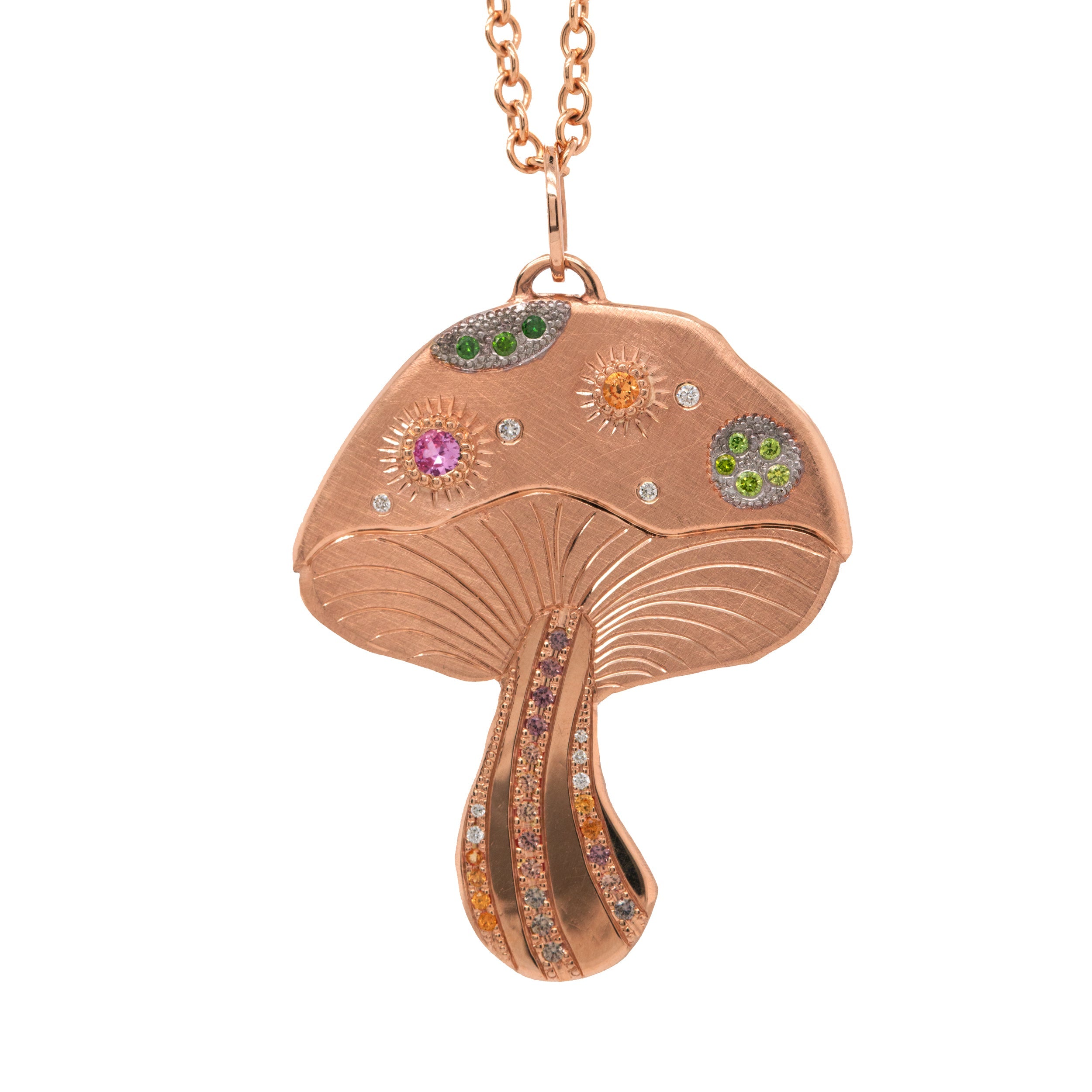 14k rose gold extra large mushroom pendant with colored gemstones and white diamonds with hand etched details on rolo chain on white background