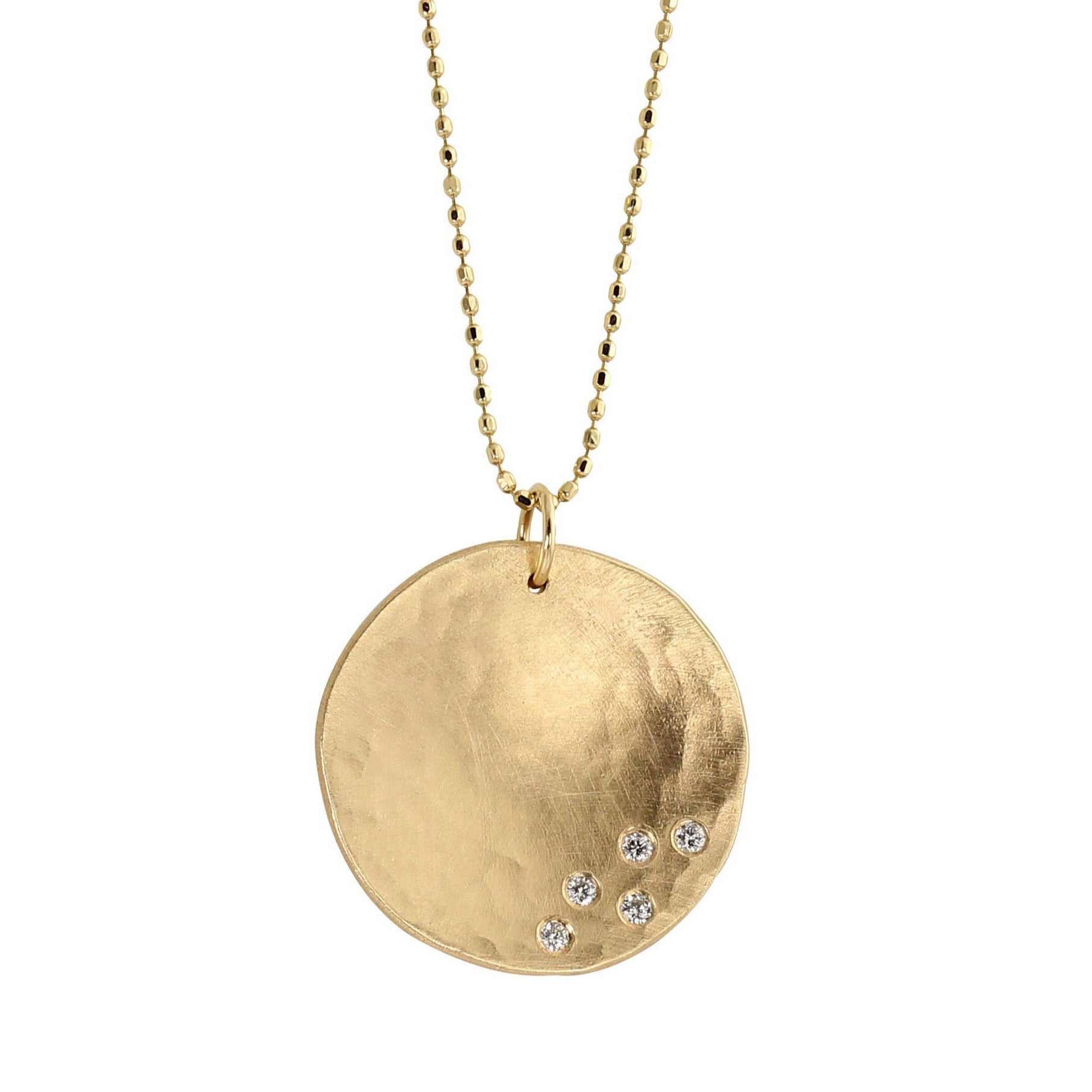 14k yellow gold large size concave diamond disk hammered texture with scattered round white diamonds on diamond ball chain white background
