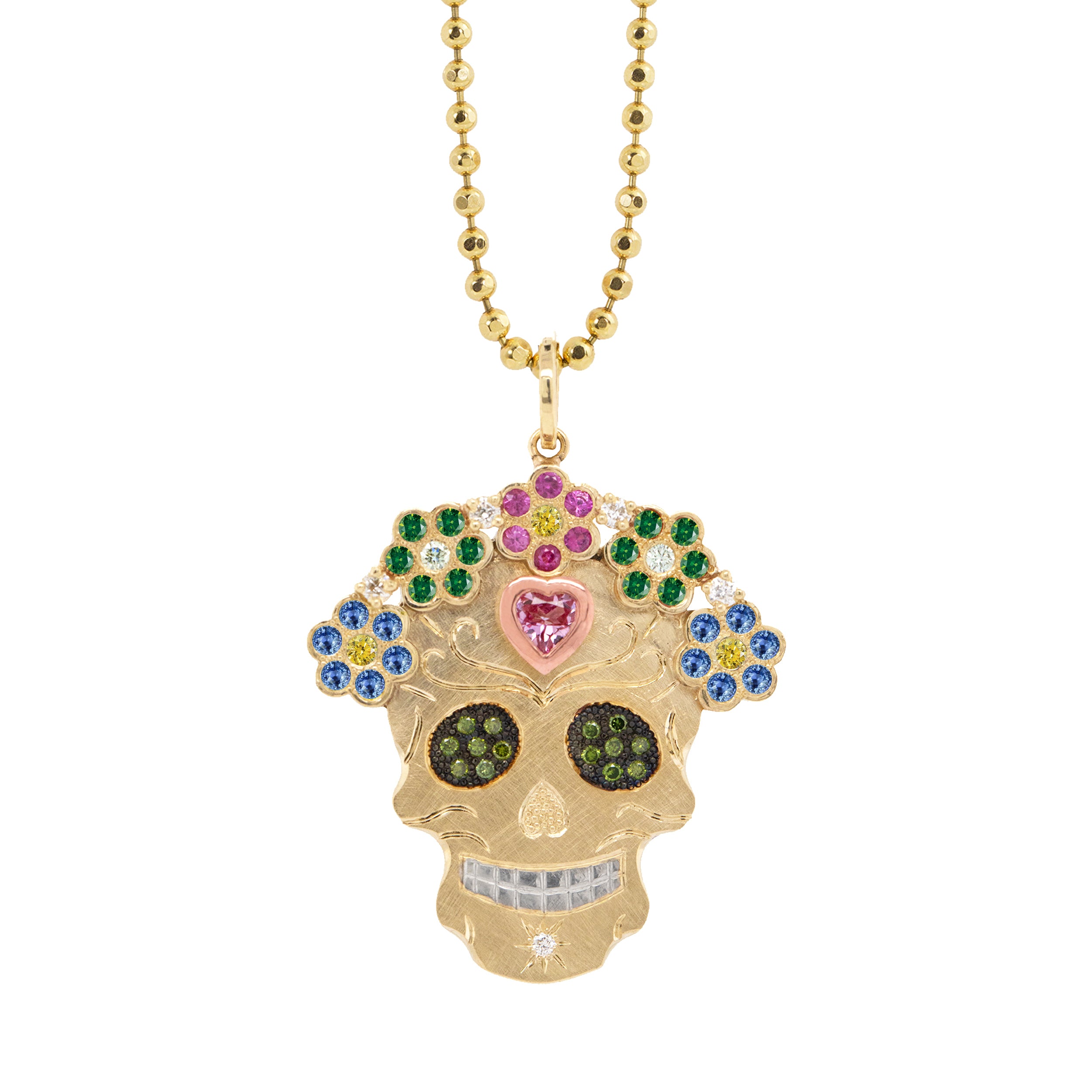 Multi color 14k Yellow and Rose gold Julez Bryant original Ghostrider Collection Mi Amore gemstone encrusted sugar skull extra large pendant. 14k solid yellow gold mixed diamond sapphires and Tzavorite. Fine detail engraving highlights features. Crown of flower clustered jewels in mixed colors. Rhodium blackened eyes with green Tzavorite pave set gemstone eyes. Large pink sapphire bezel set on forehead with rose gold border. Shown on 2.0mm ball chain.