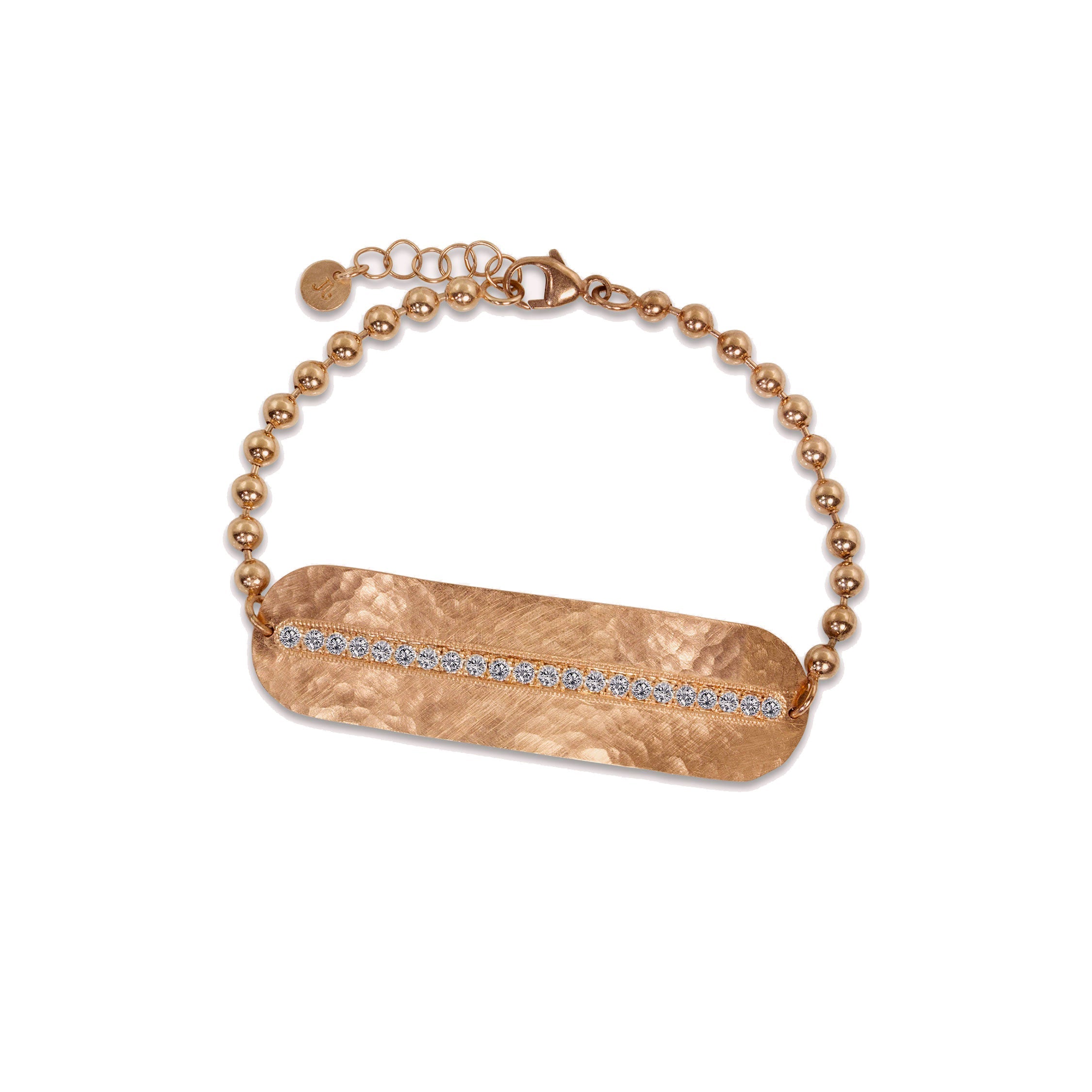 14k rose gold hammered bar bracelet featuring pave set white diamond line on ball chain on white background