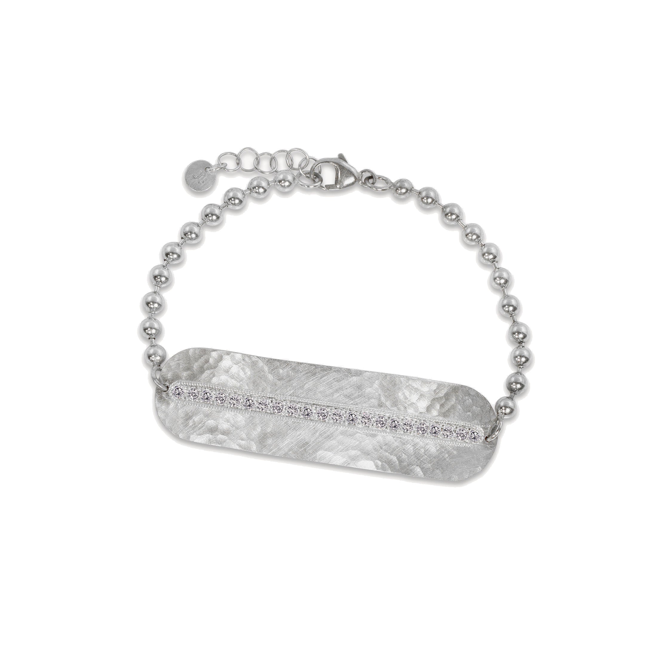 14k white gold hammered bar bracelet featuring pave set white diamond line on ball chain on white background
