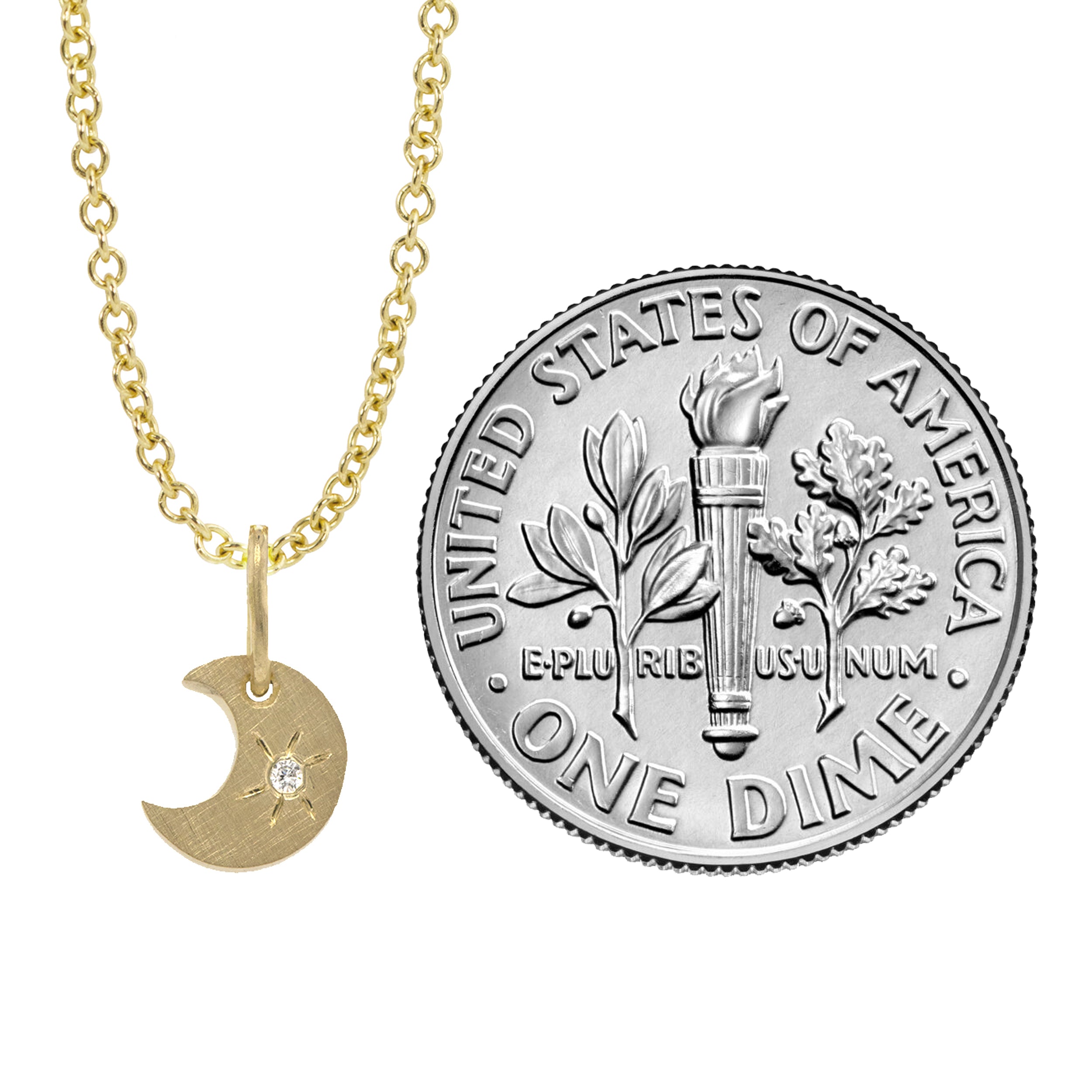 14k yellow gold crescent moon charm with a white diamond sunburst on a rolo chain on a white background with size indicator