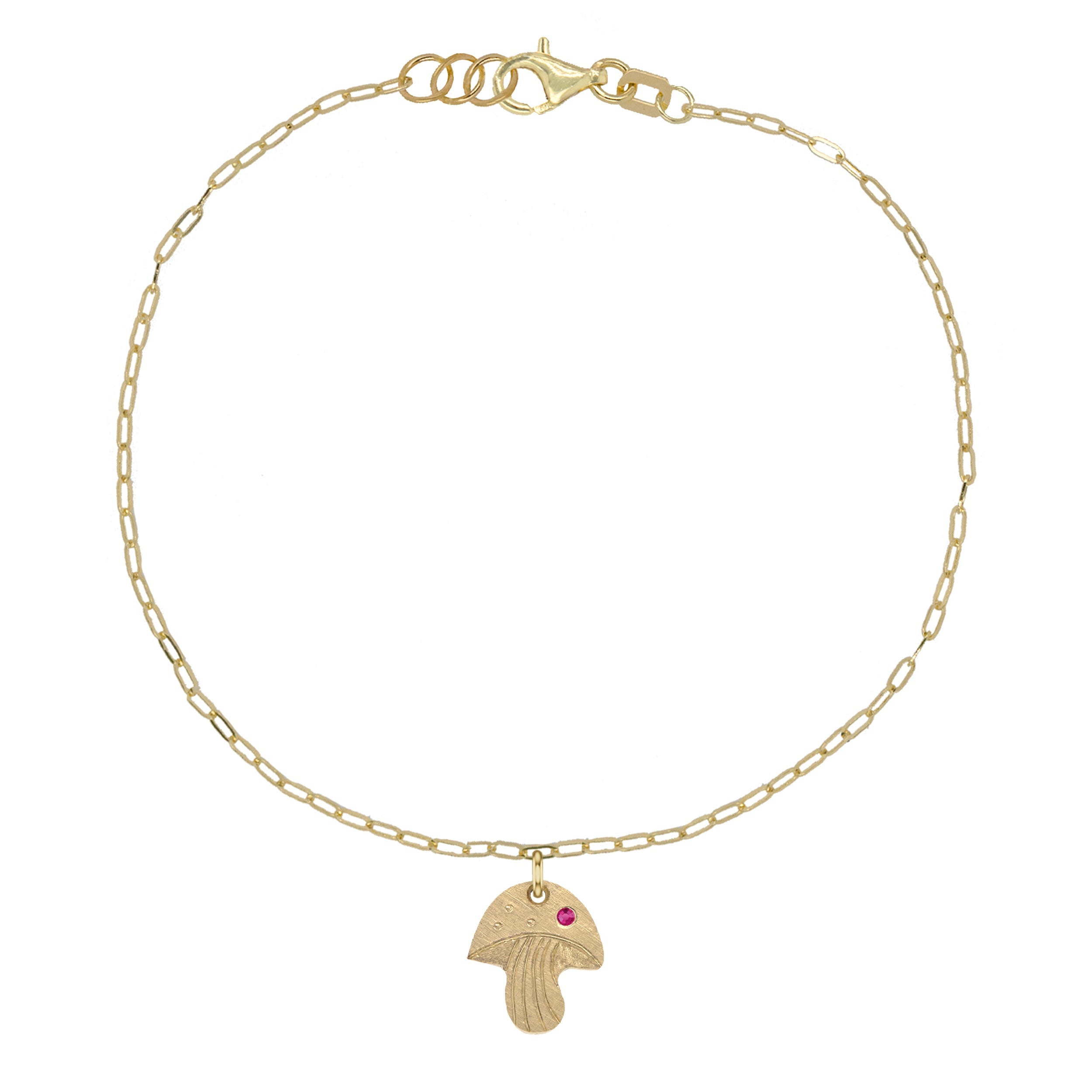 14k yellow gold teeny tiny pink sapphire mushroom charm with hand etched details on paperclip link chain on white background