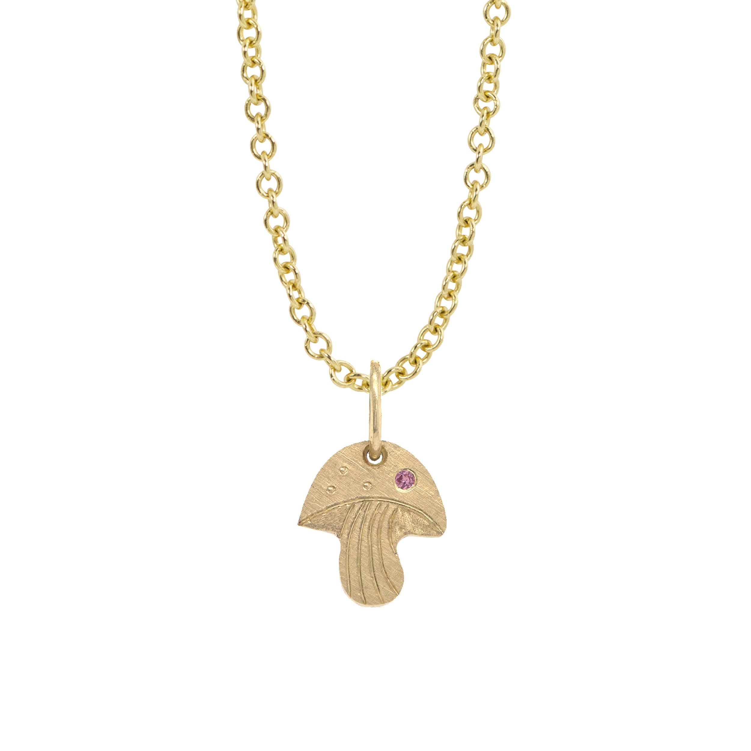 14k yellow gold mushroom pendant with pink sapphire and hand etching on a rolo chain on a white background