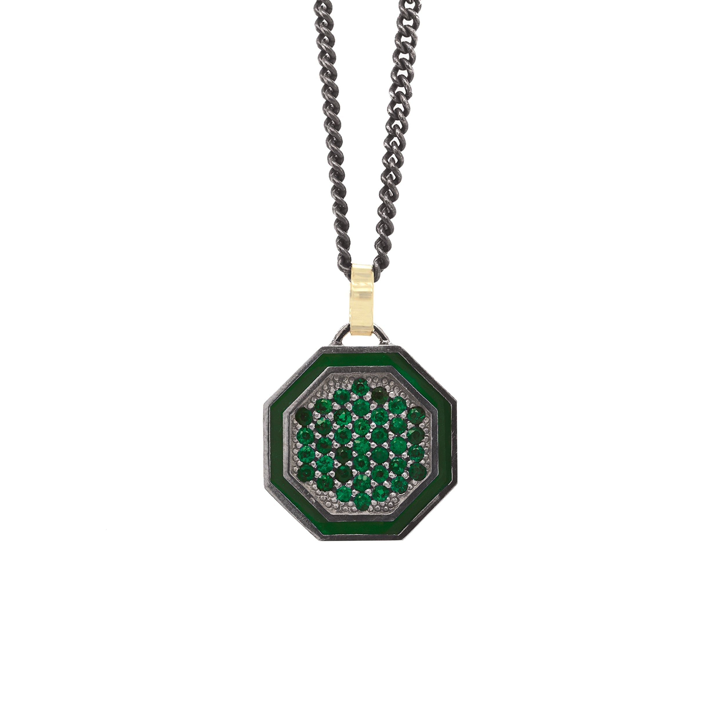 blackened sterling silver octagon pendant with colored gemstones and colored enamel border on 14k yellow gold jump ring on white background