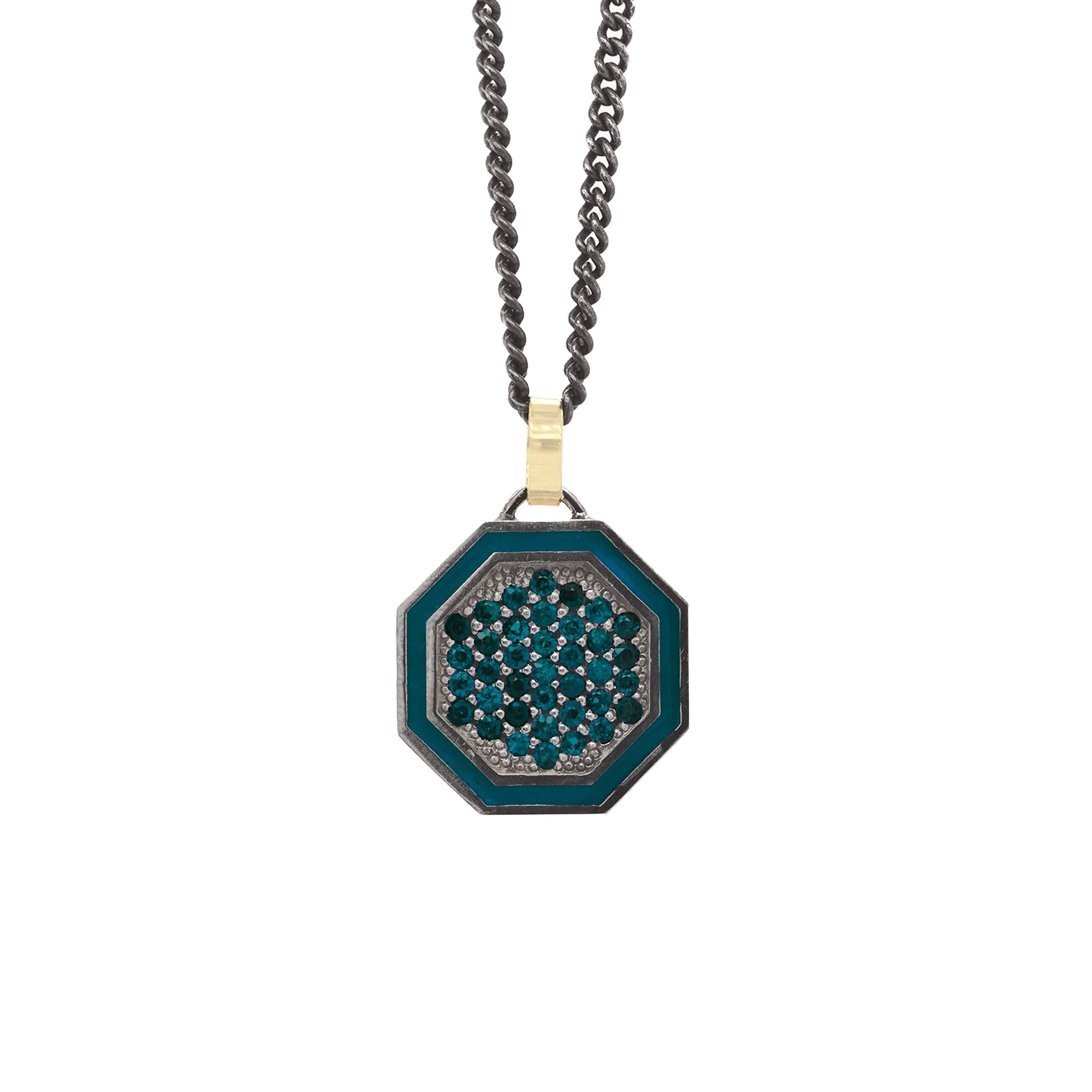 blackened sterling silver octagon pendant with colored gemstones and colored enamel border on 14k yellow gold jump ring on white background