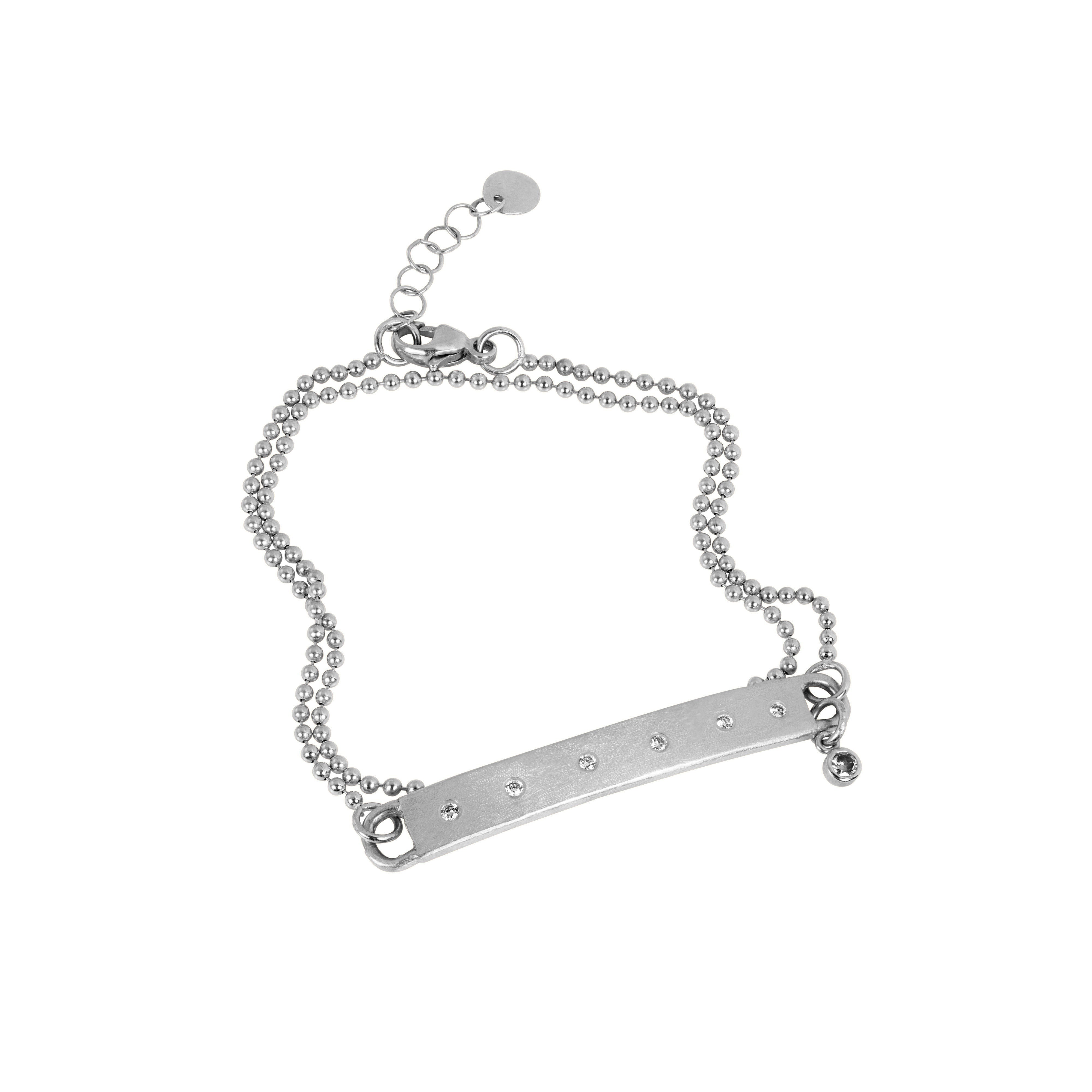 14k white gold bar wrap bracelet with white diamonds and wrap around ball chain with bezi accent charm on white background