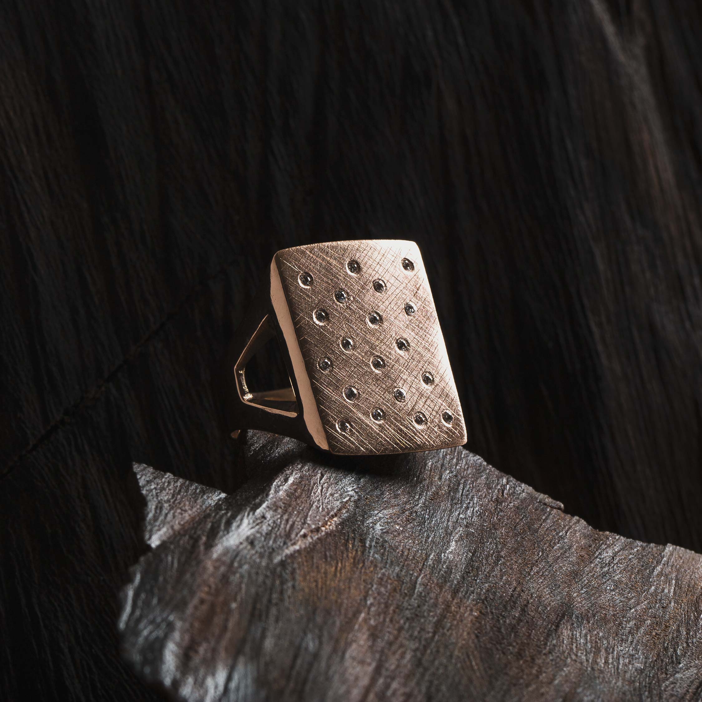 NUMBER 1 14k Gold Scattered White Diamond Signet Ring with Textured Finish with Comfort Fit on Dark Background