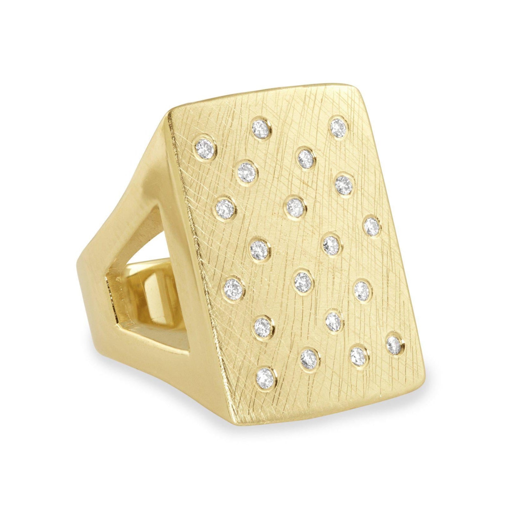 NUMBER 1 14k Yellow Gold Scattered White Diamond Signet Ring with Textured Finish with Comfort Fit on White Background
