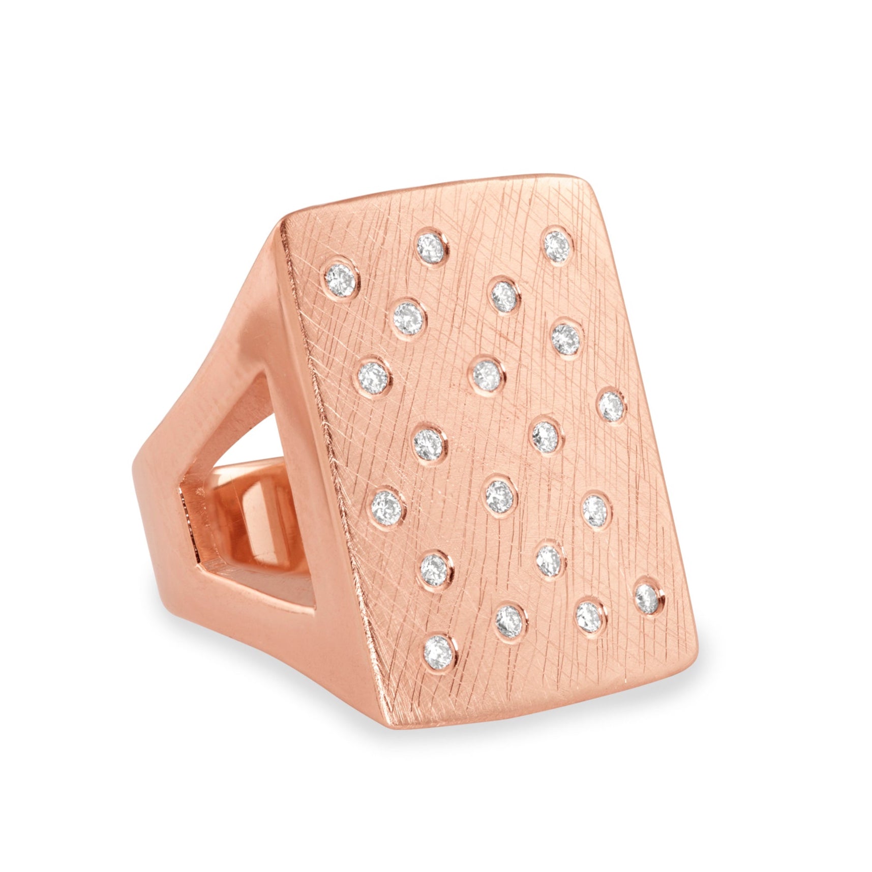NUMBER 1 14k Rose Gold Scattered White Diamond Signet Ring with Textured Finish with Comfort Fit on White Background