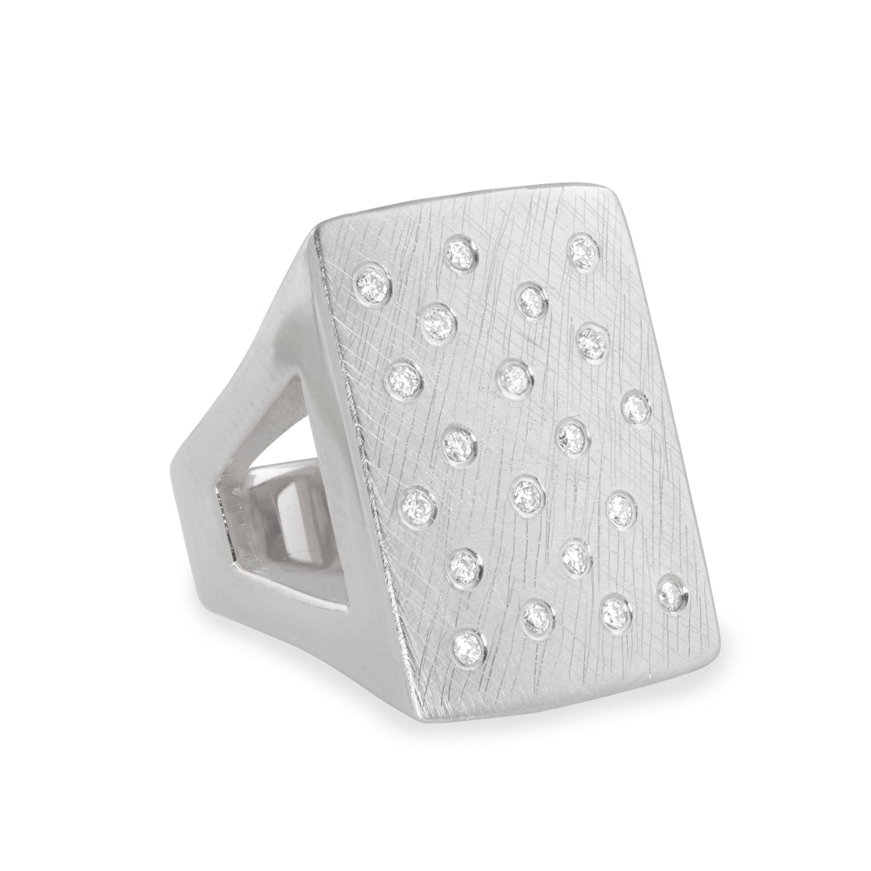 NUMBER 1 14k White Gold Scattered White Diamond Signet Ring with Textured Finish with Comfort Fit on White Background