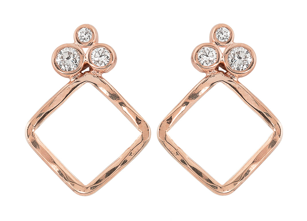 Three stone diamond cluster posts with 14k gold drop in a diamond shape.