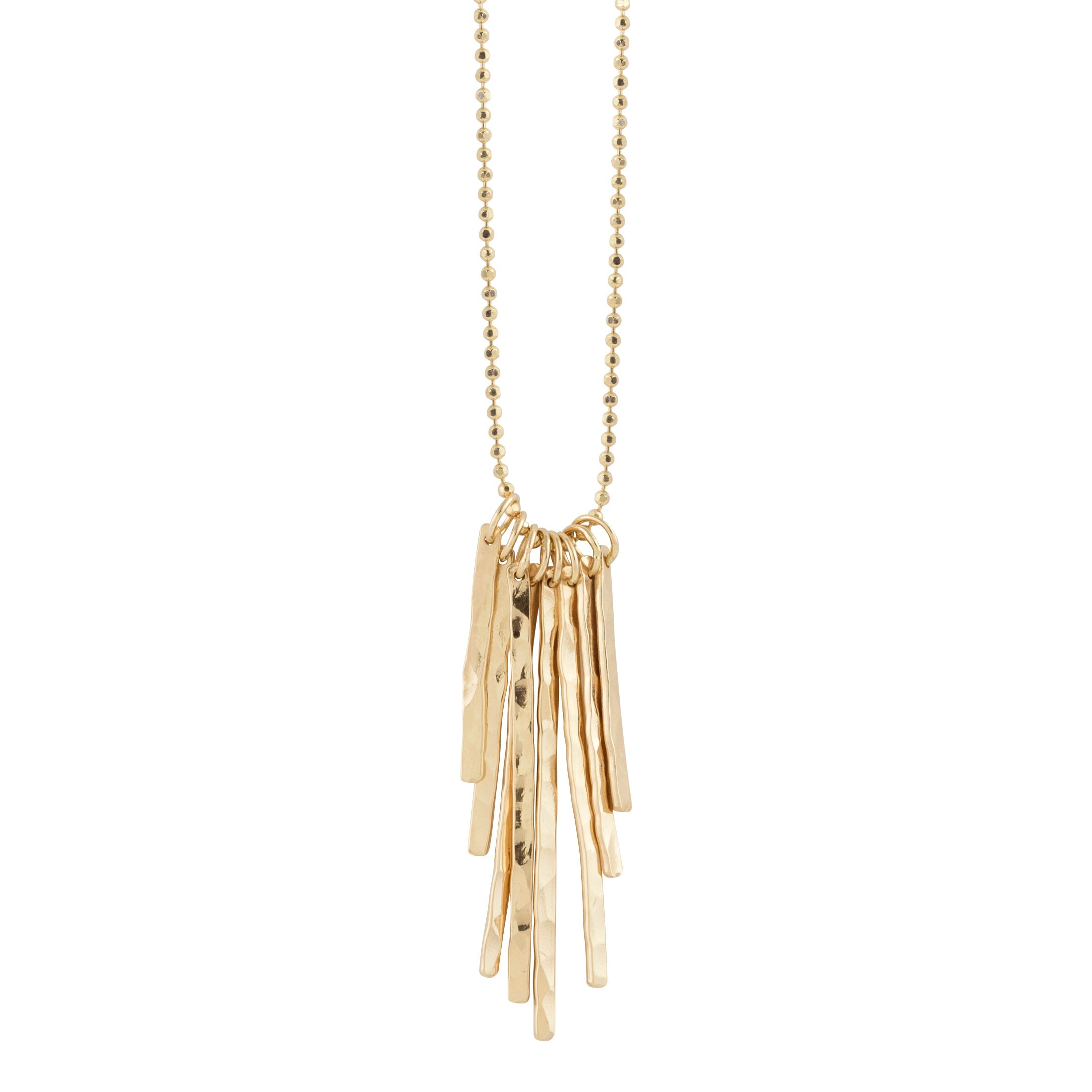 14k yellow gold fringe bar necklace with multiple hammered bars dangling from dainty diamond cut ball chain on white background