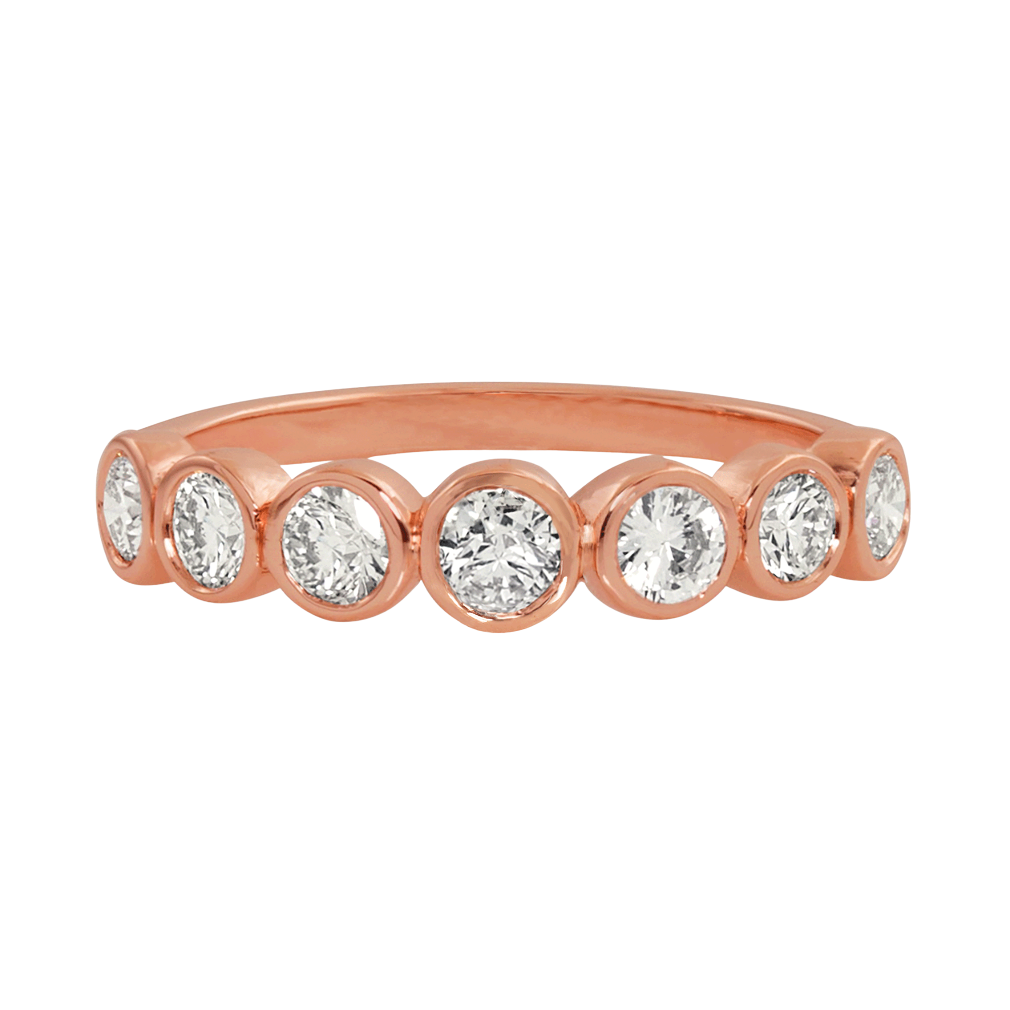 Bezel set diamond band in 14k rose gold by Julez Bryant with round brilliant diamonds set in a sleek, low profile row.