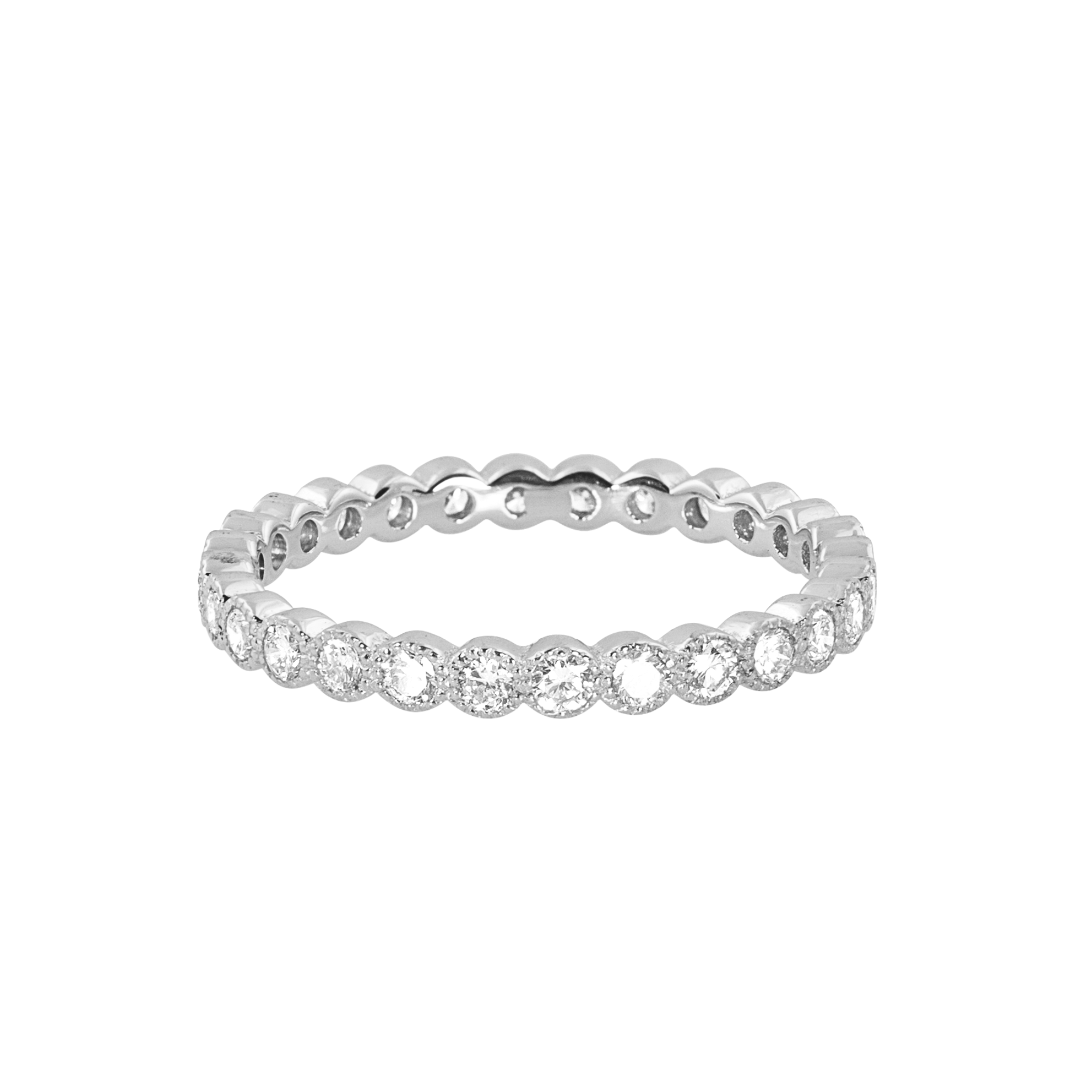 14k white gold milgrain white diamond eternity stacking ring on a white background