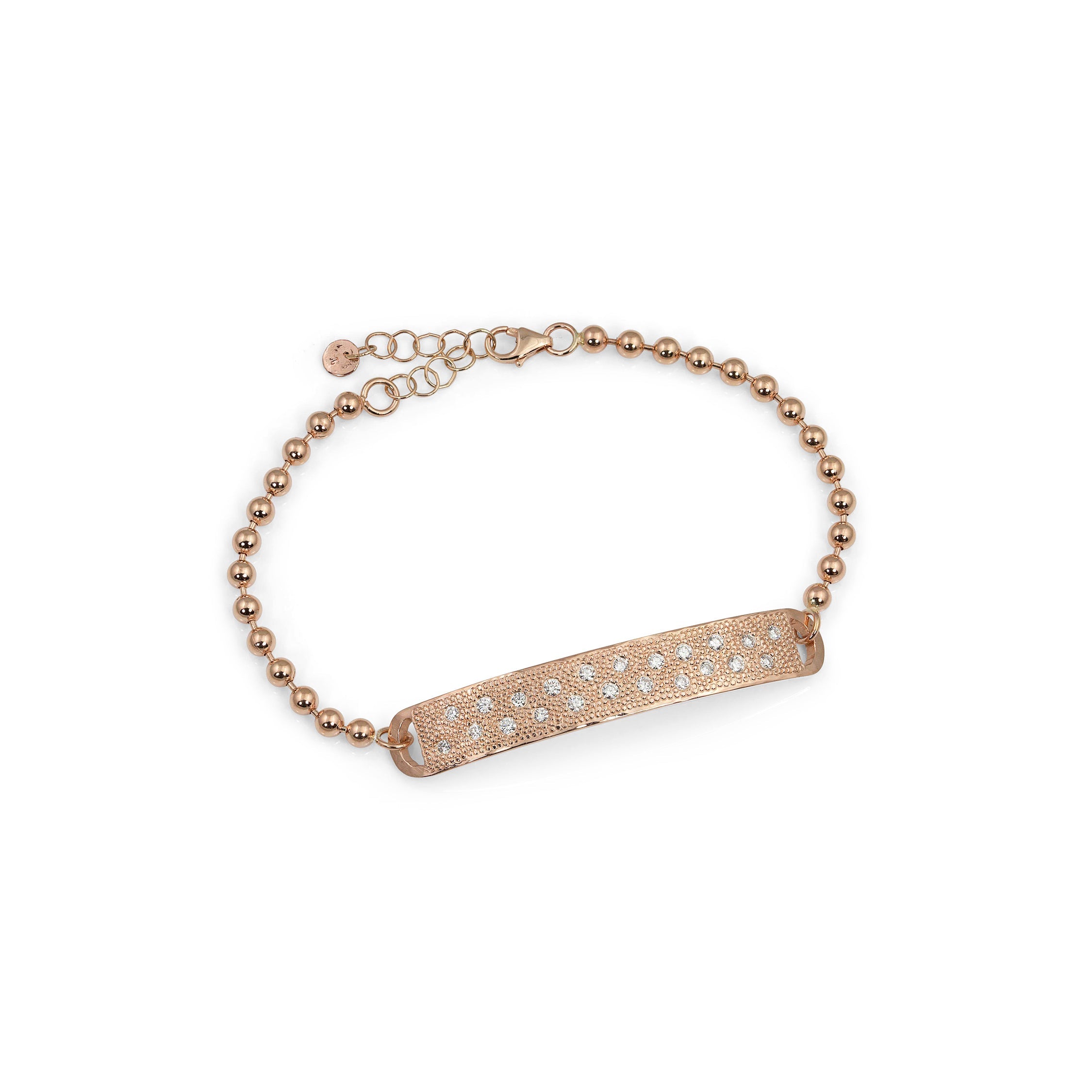 14k rose gold textured bar bracelet with scattered white diamonds on ball chain on white background