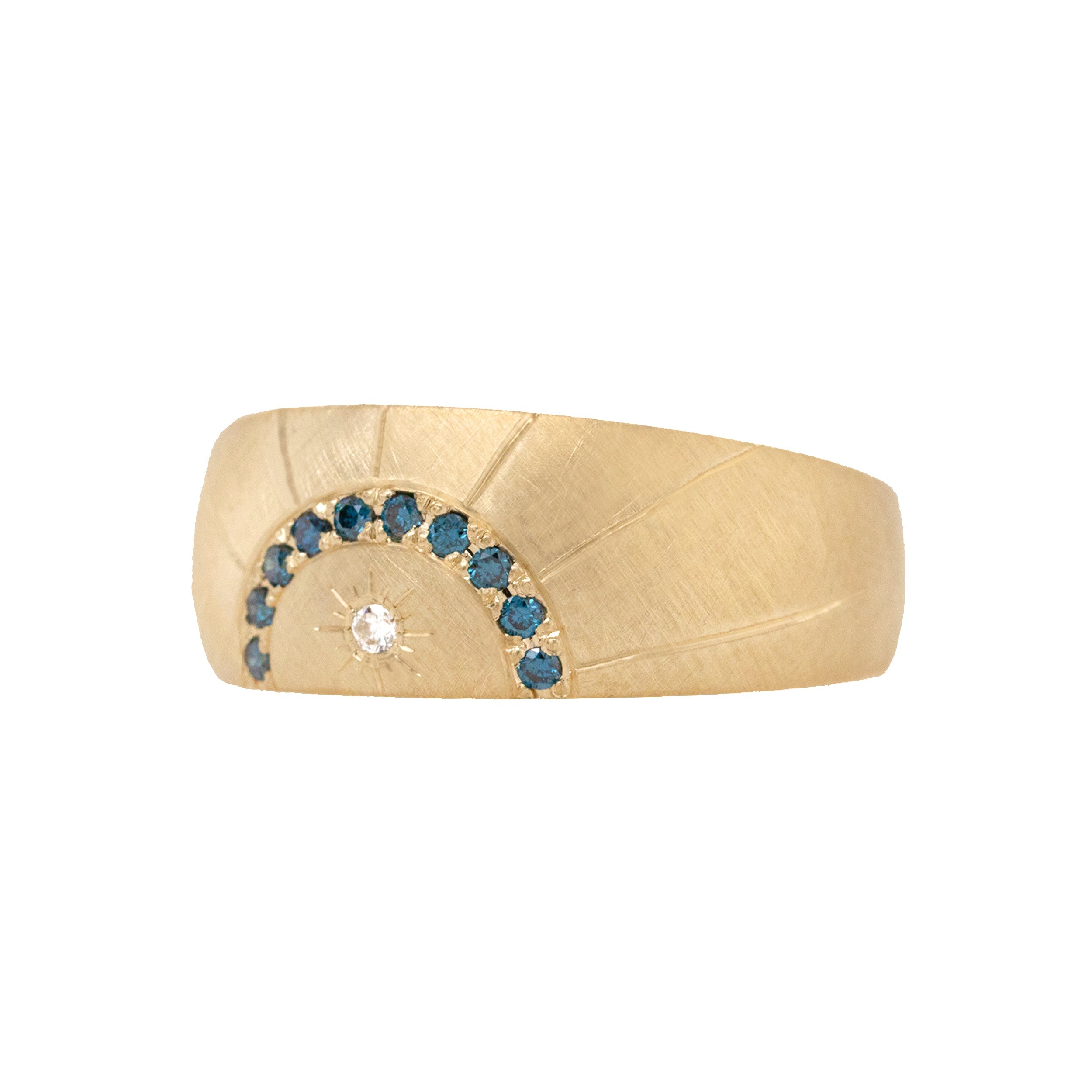 14k yellow gold wide band ring with hand etched sunburst and teal and white diamonds on white background