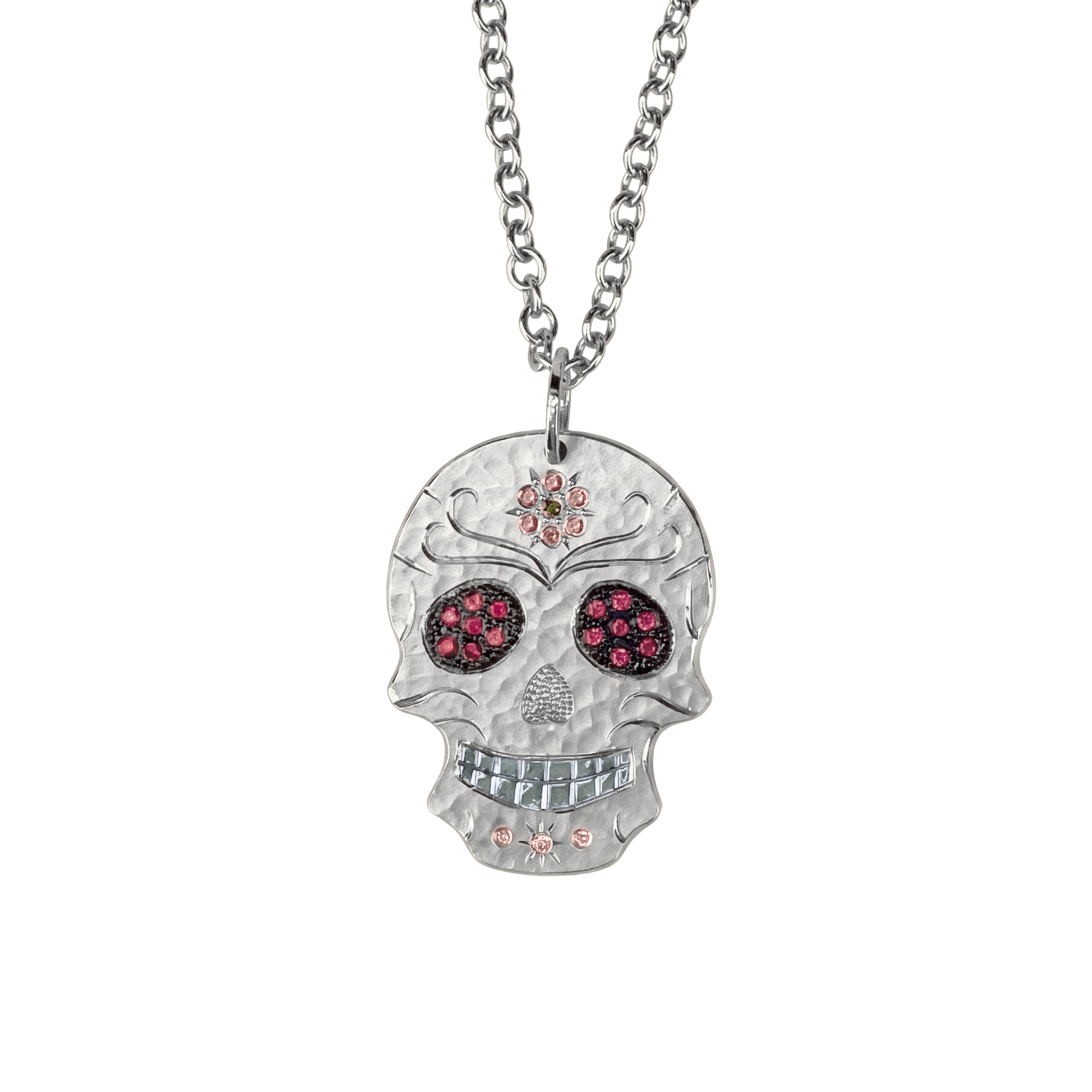 Sapphire Flower Hand-Engraved Sugar Skull Pendant | Medium | 14K Gold | Style Inez