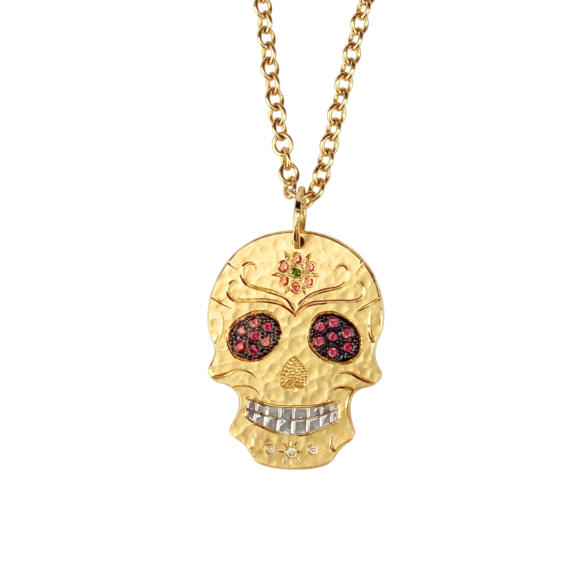 Sapphire Flower Hand-Engraved Sugar Skull Pendant | Medium | 14K Gold | Style Inez