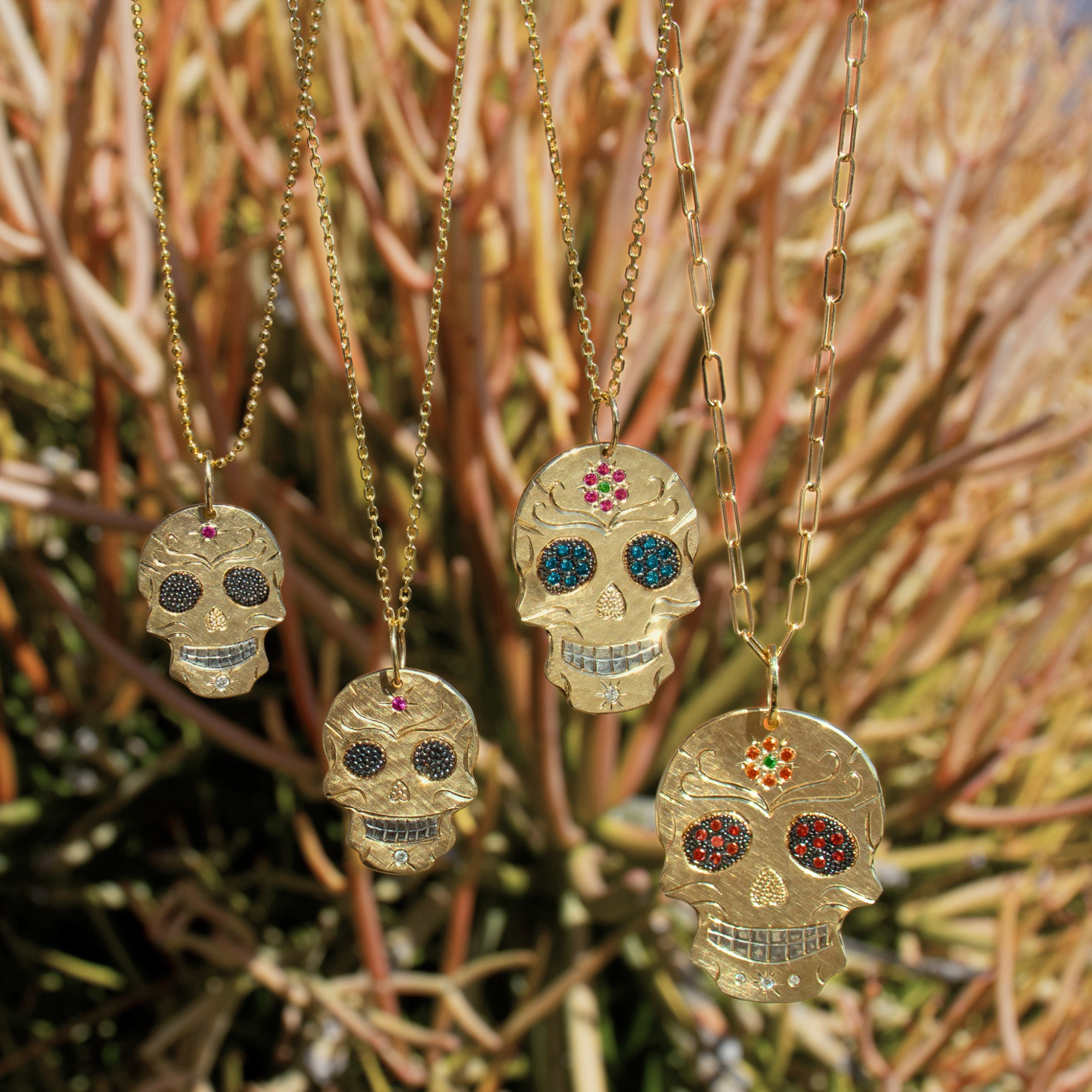 Sapphire Flower Hand-Engraved Sugar Skull Pendant | Medium | 14K Gold | Style Inez