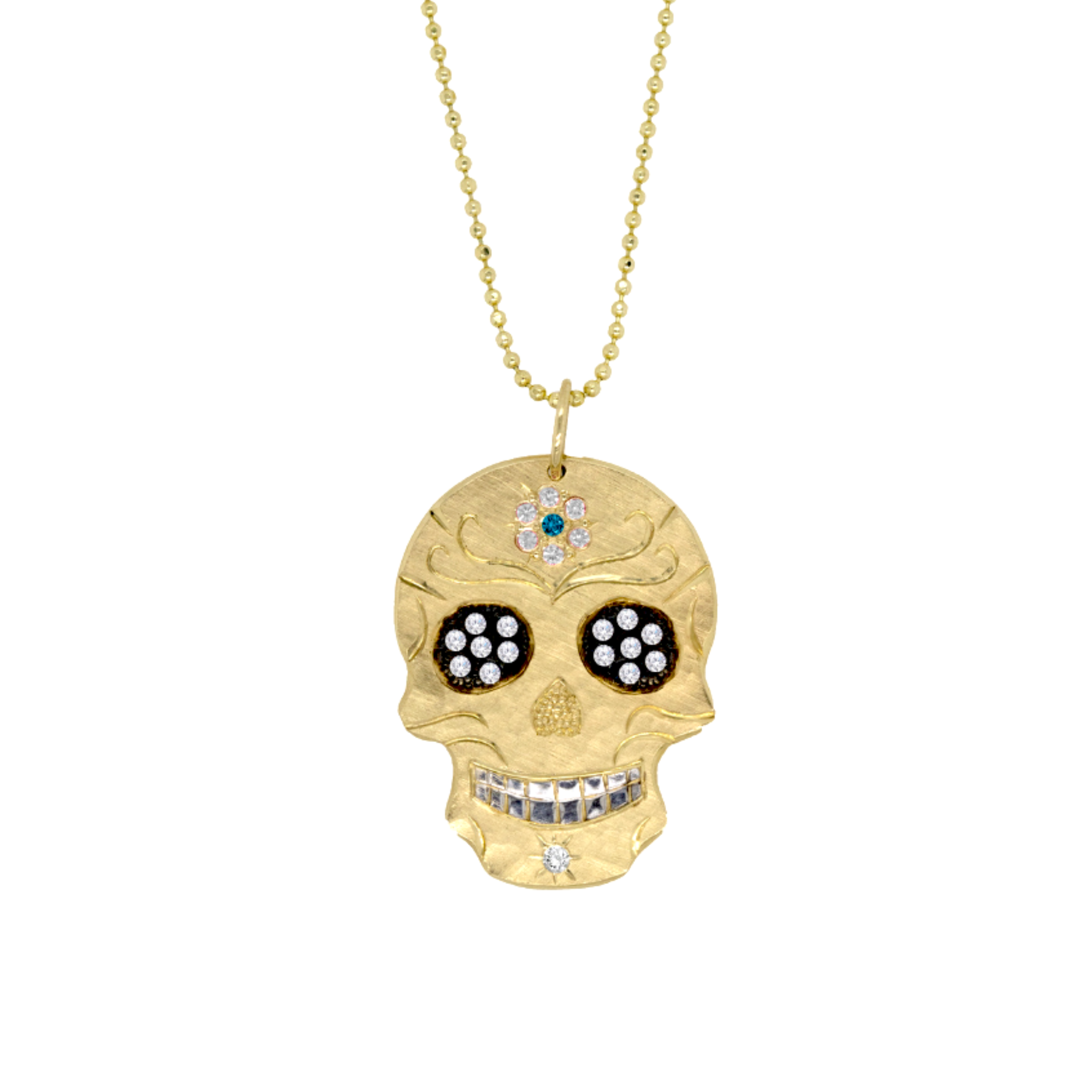 Diamond Eyes & Gemstone Flower Sugar Skull Pendant | Customizable | Medium | 14K Gold | Style Paloma
