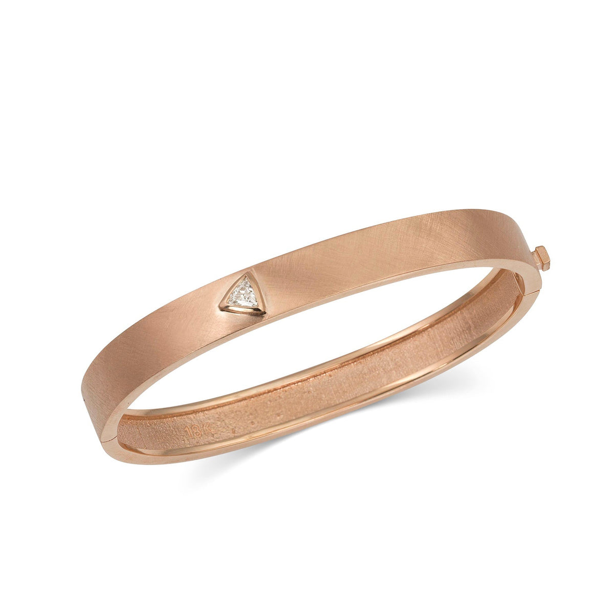 18k rose gold hinged bangle bracelet with triangle trillion cut white diamond on white background