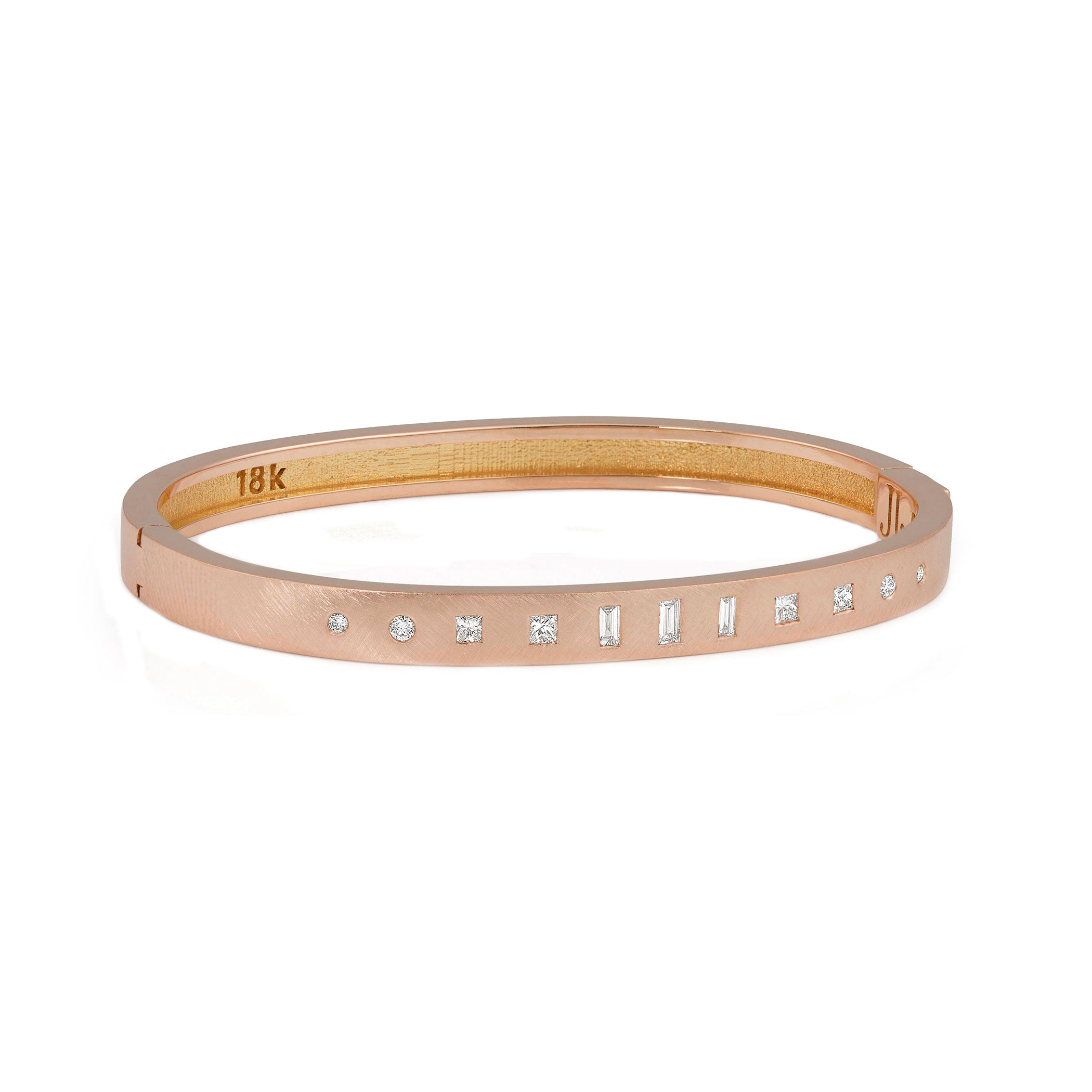 18k rose gold hinged bangle bracelet with mixed cut white diamonds on white background